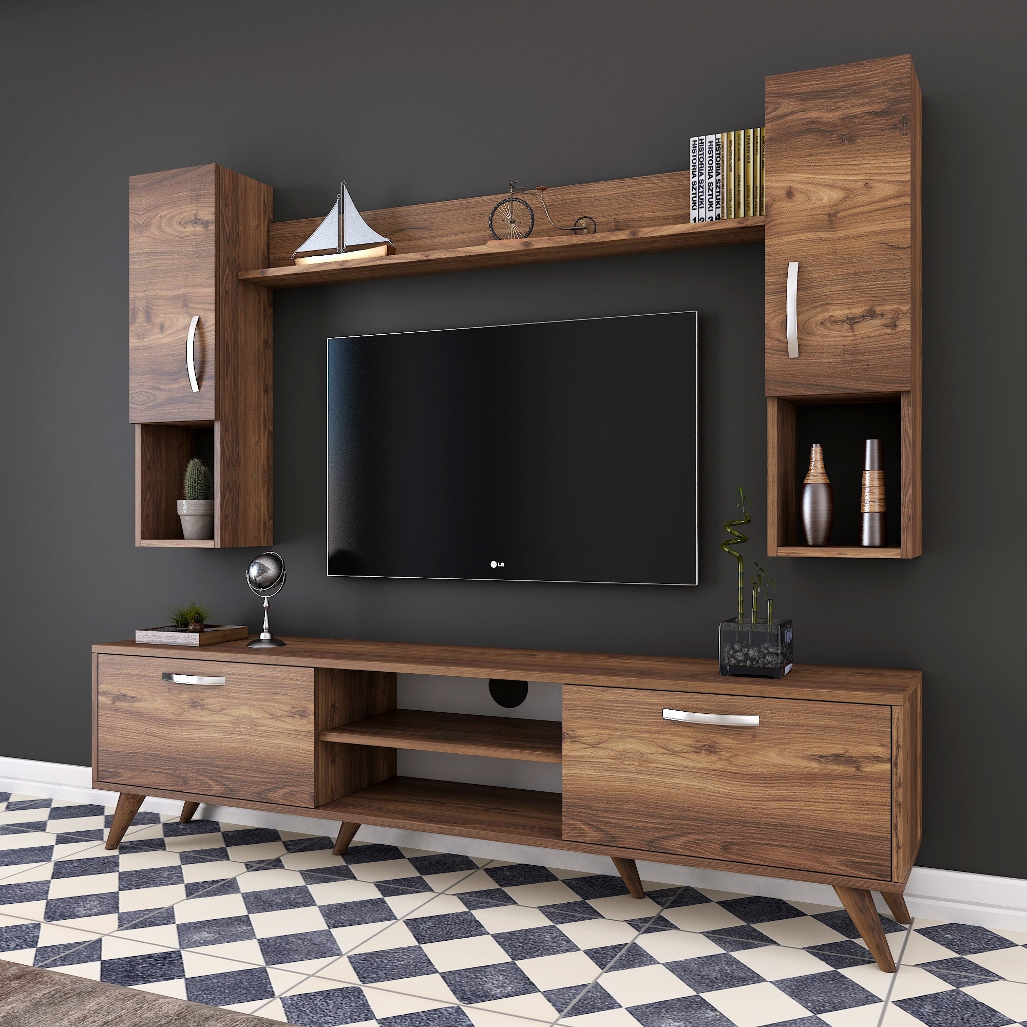 Móvel de TV moderno em nogueira, 180 cm de largura, 100% revestido em melamina, 18 mm de espessura | Inclui armário de parede e prateleira | Armazenamento elegante para casa e sala de estar