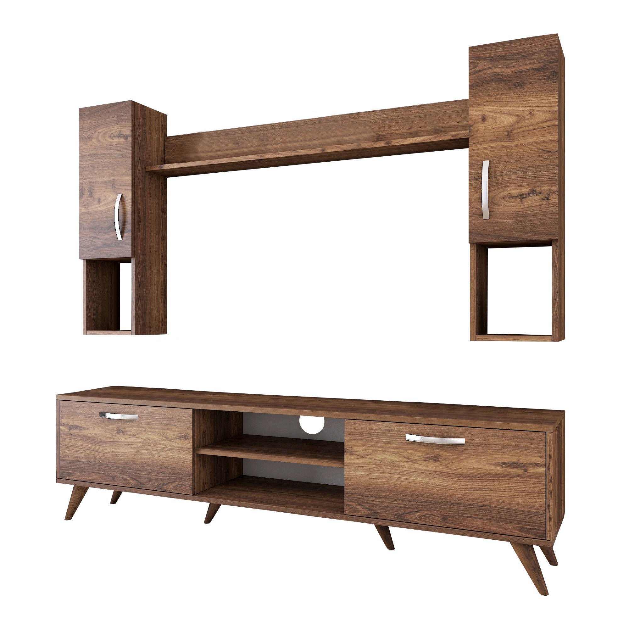 Móvel de TV moderno em nogueira, 180 cm de largura, 100% revestido em melamina, 18 mm de espessura | Inclui armário de parede e prateleira | Armazenamento elegante para casa e sala de estar