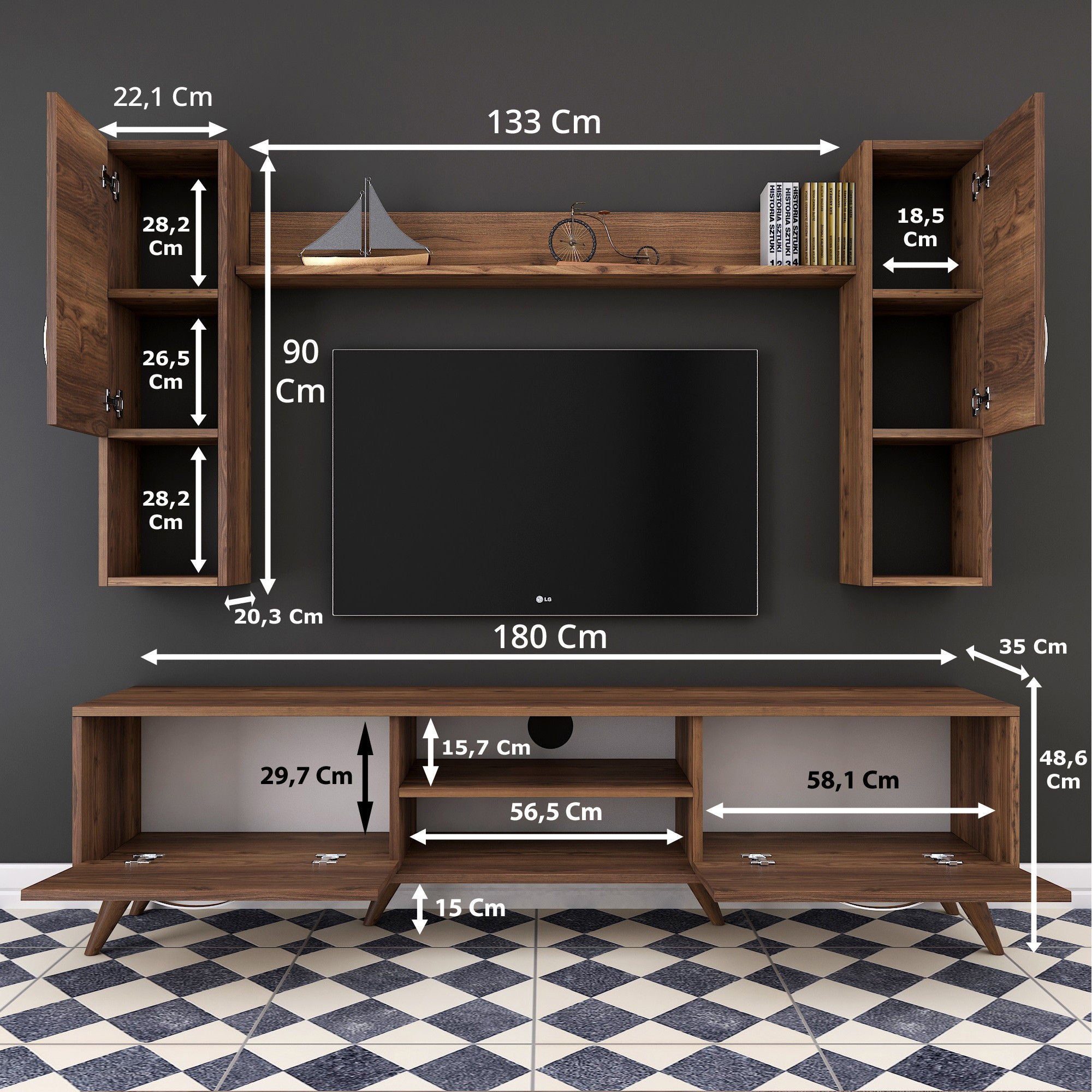 Móvel de TV moderno em nogueira, 180 cm de largura, 100% revestido em melamina, 18 mm de espessura | Inclui armário de parede e prateleira | Armazenamento elegante para casa e sala de estar
