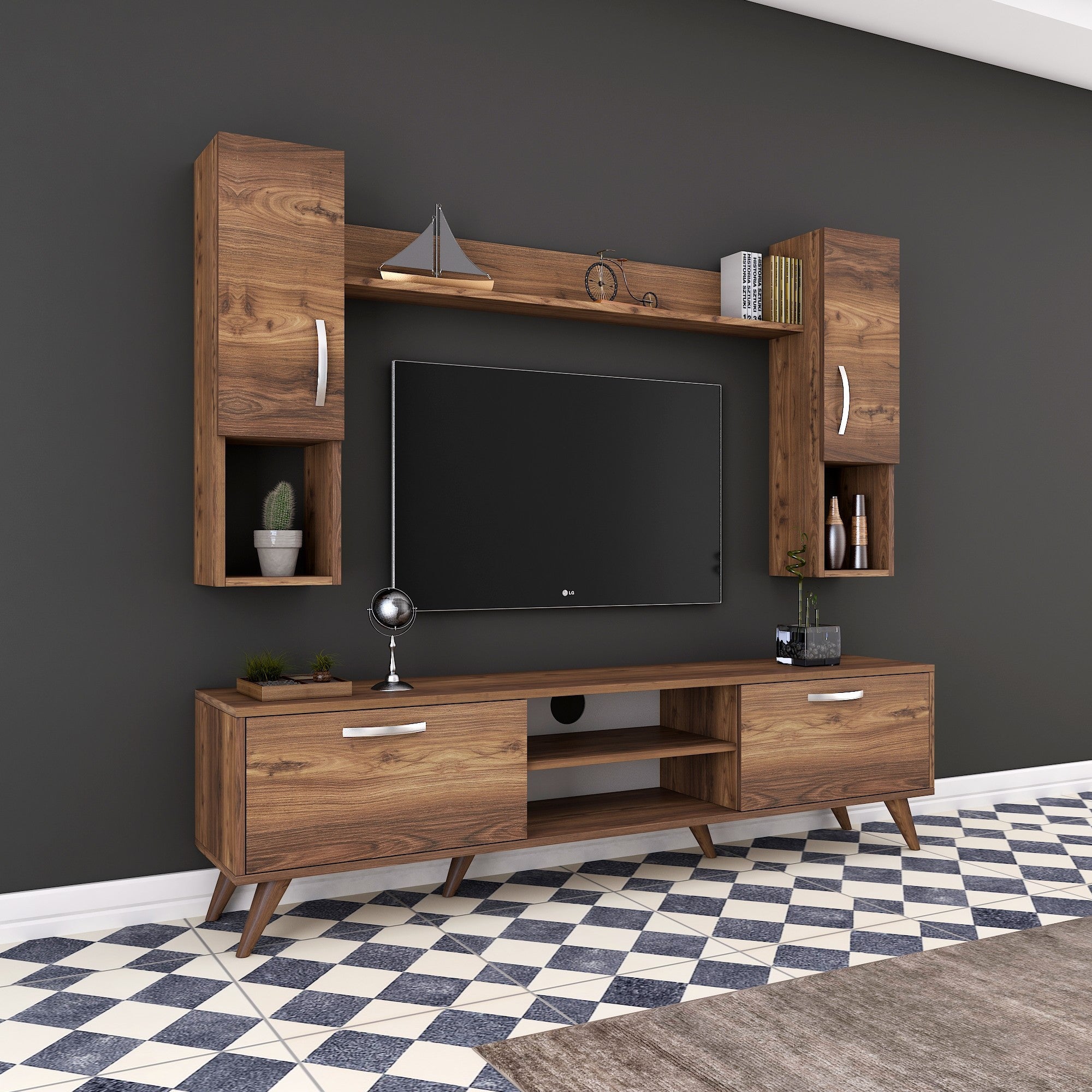 Móvel de TV moderno em nogueira, 180 cm de largura, 100% revestido em melamina, 18 mm de espessura | Inclui armário de parede e prateleira | Armazenamento elegante para casa e sala de estar