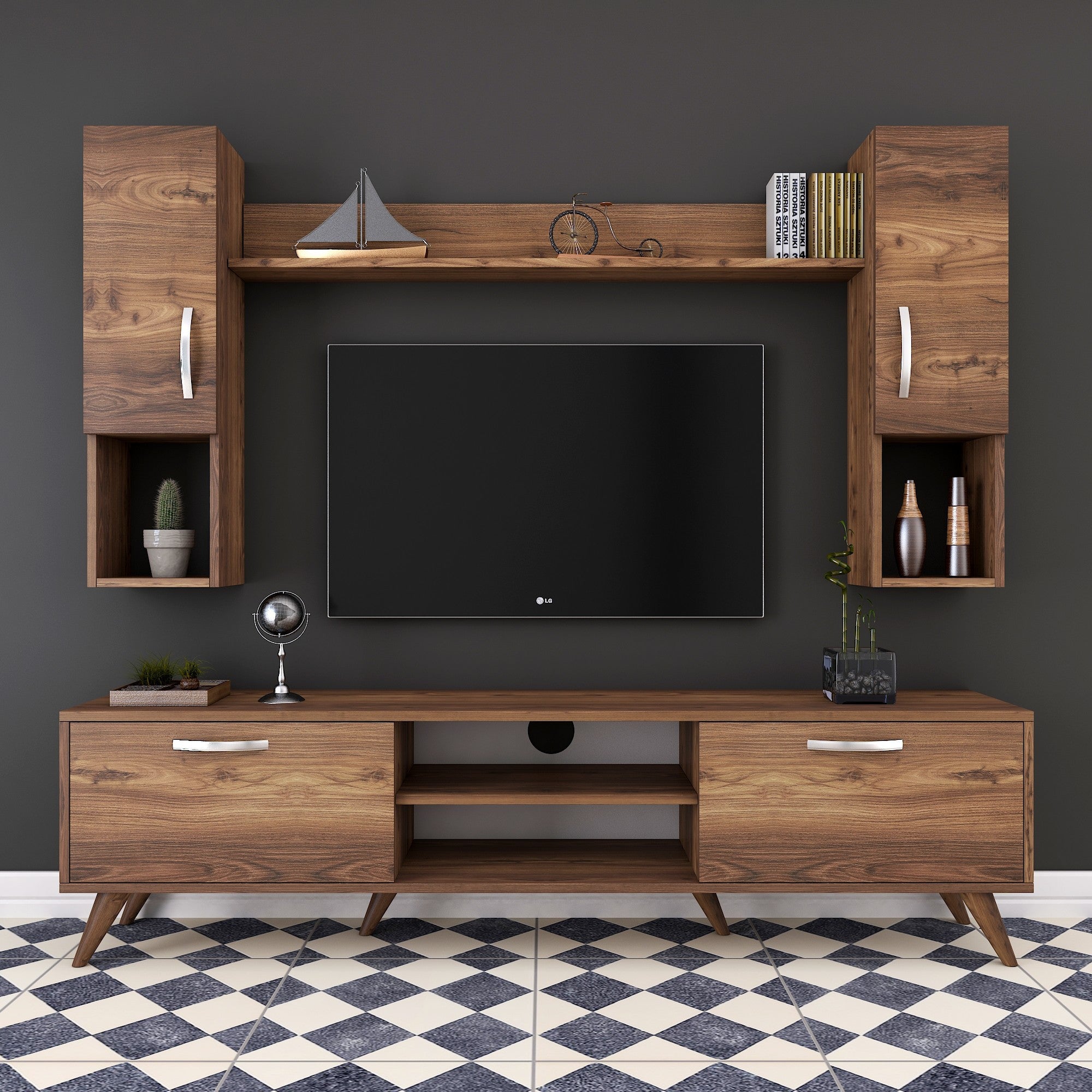 Móvel de TV moderno em nogueira, 180 cm de largura, 100% revestido em melamina, 18 mm de espessura | Inclui armário de parede e prateleira | Armazenamento elegante para casa e sala de estar