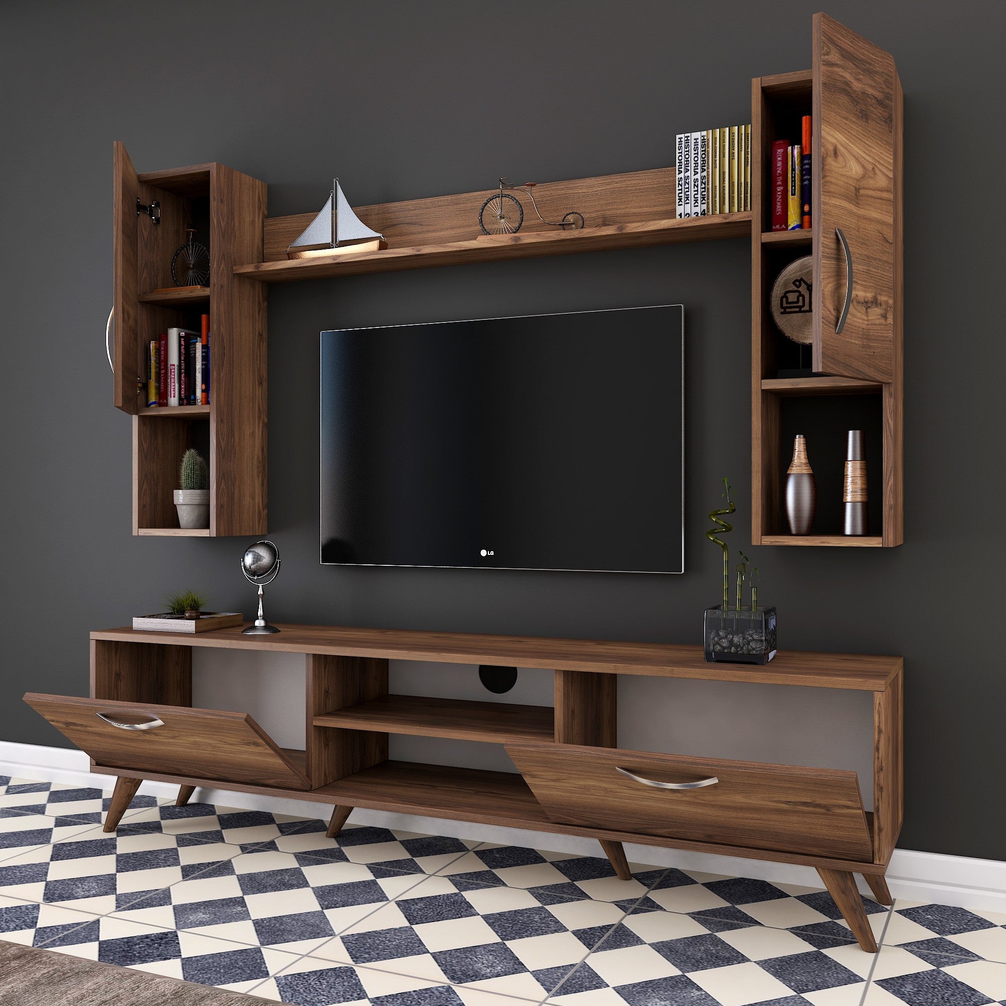 Móvel de TV moderno em nogueira, 180 cm de largura, 100% revestido em melamina, 18 mm de espessura | Inclui armário de parede e prateleira | Armazenamento elegante para casa e sala de estar