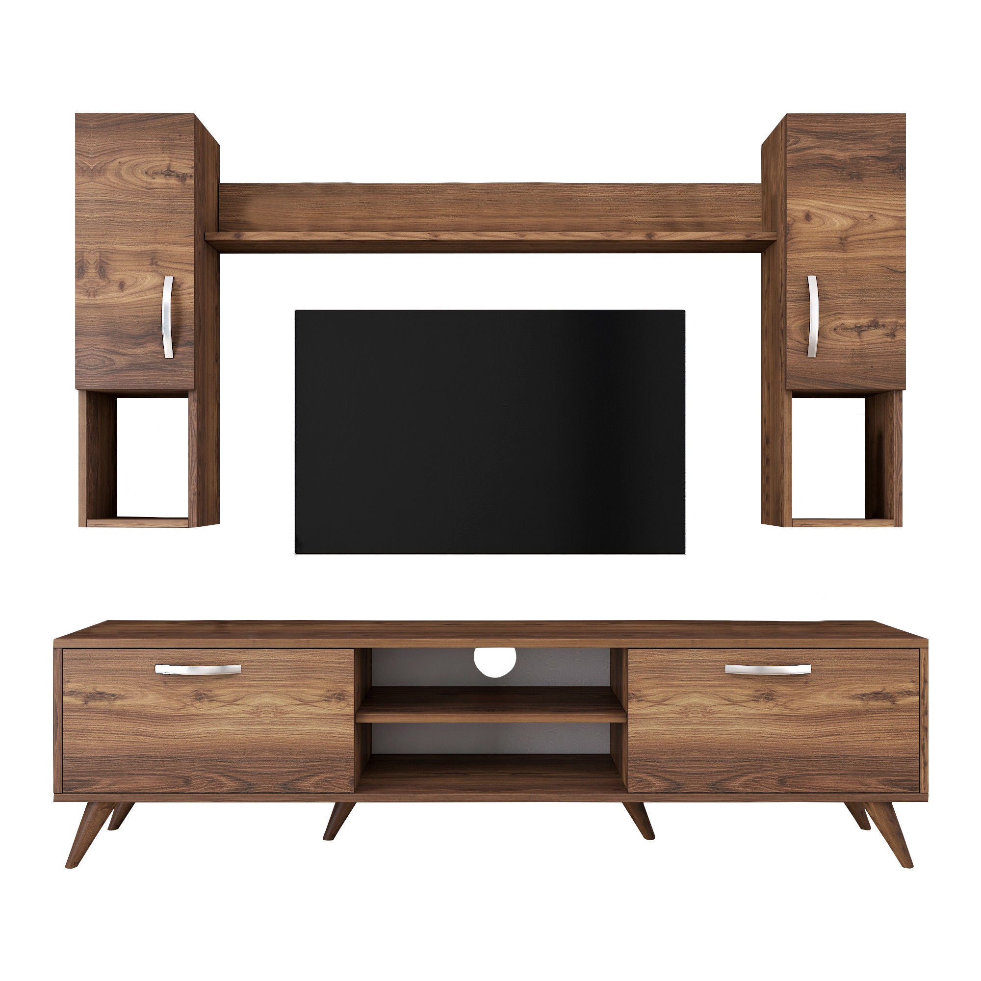 Móvel de TV moderno em nogueira, 180 cm de largura, 100% revestido em melamina, 18 mm de espessura | Inclui armário de parede e prateleira | Armazenamento elegante para casa e sala de estar