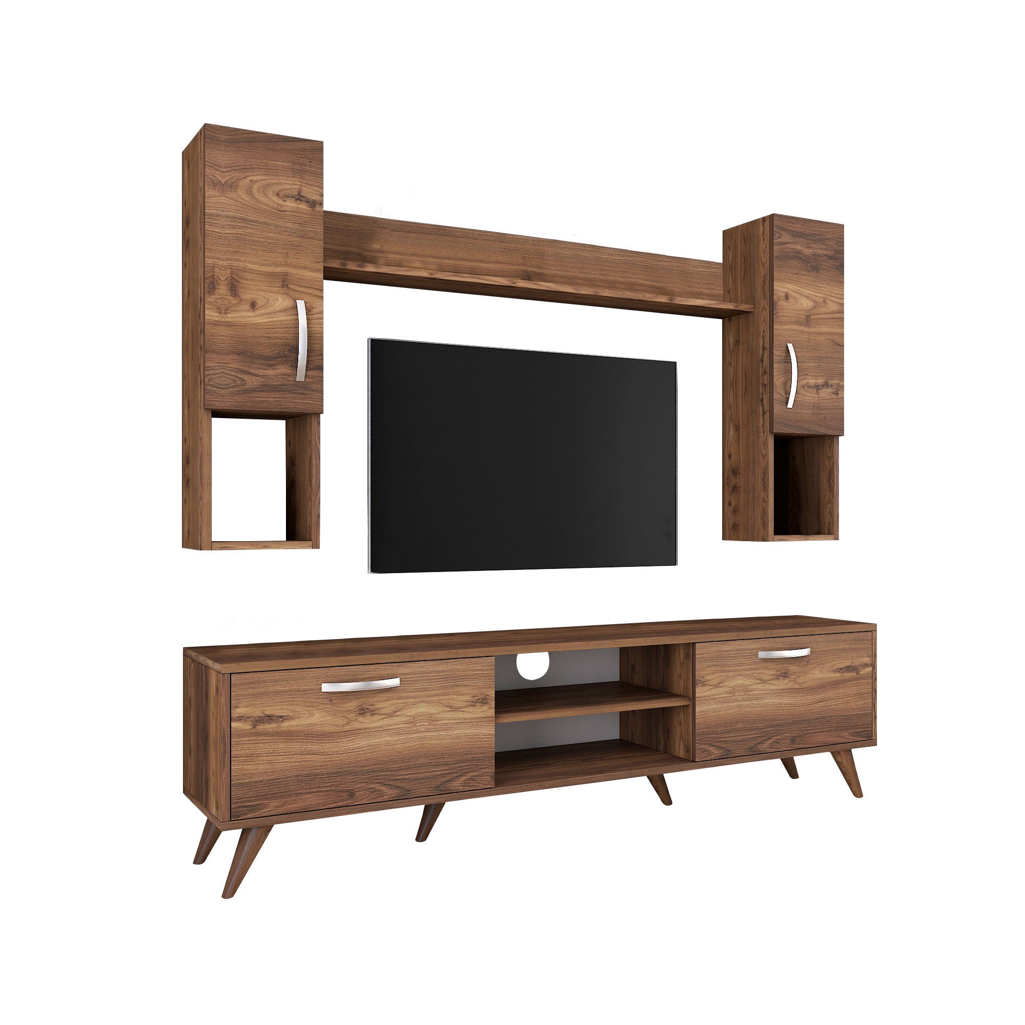 Móvel de TV moderno em nogueira, 180 cm de largura, 100% revestido em melamina, 18 mm de espessura | Inclui armário de parede e prateleira | Armazenamento elegante para casa e sala de estar