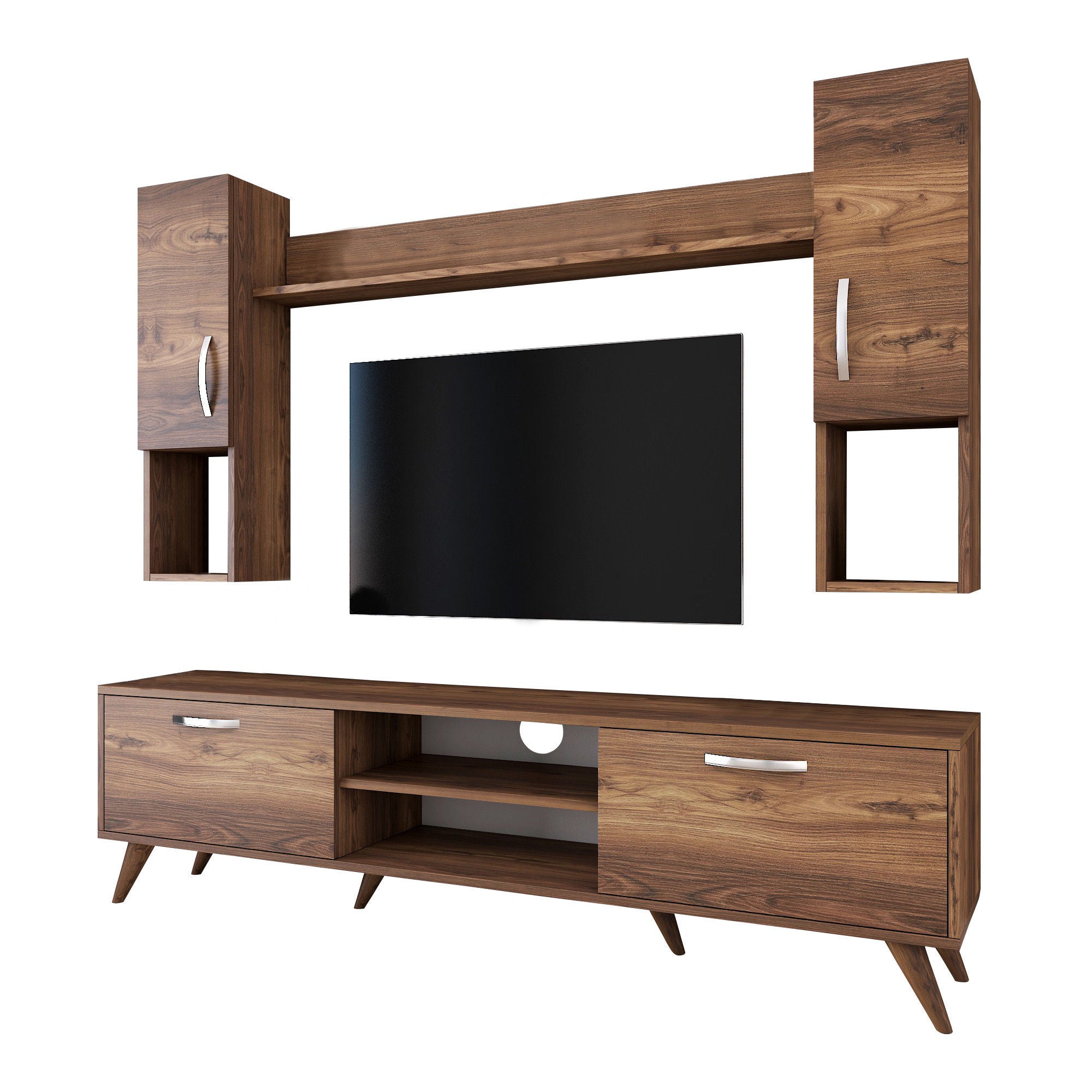 Móvel de TV moderno em nogueira, 180 cm de largura, 100% revestido em melamina, 18 mm de espessura | Inclui armário de parede e prateleira | Armazenamento elegante para casa e sala de estar