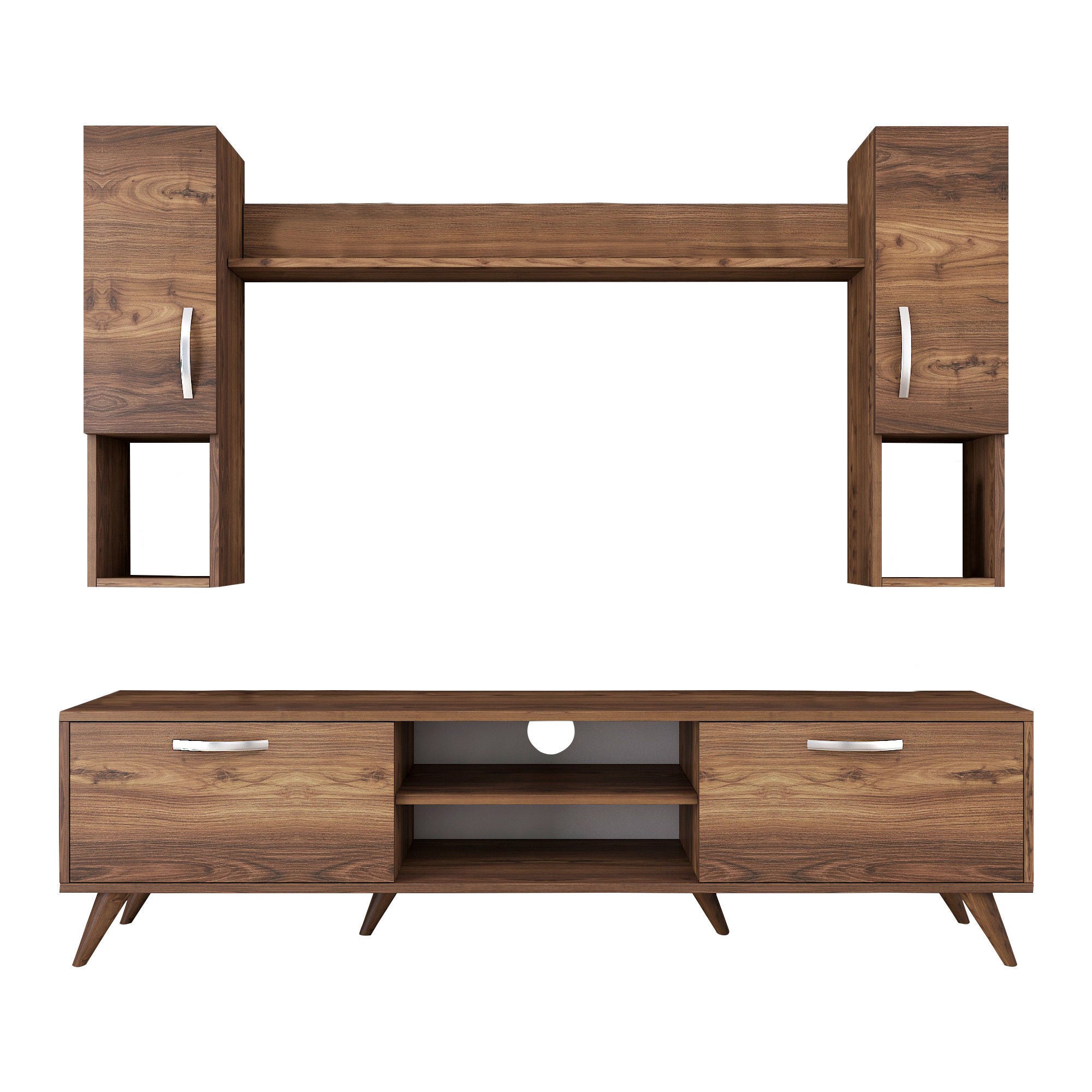 Móvel de TV moderno em nogueira, 180 cm de largura, 100% revestido em melamina, 18 mm de espessura | Inclui armário de parede e prateleira | Armazenamento elegante para casa e sala de estar