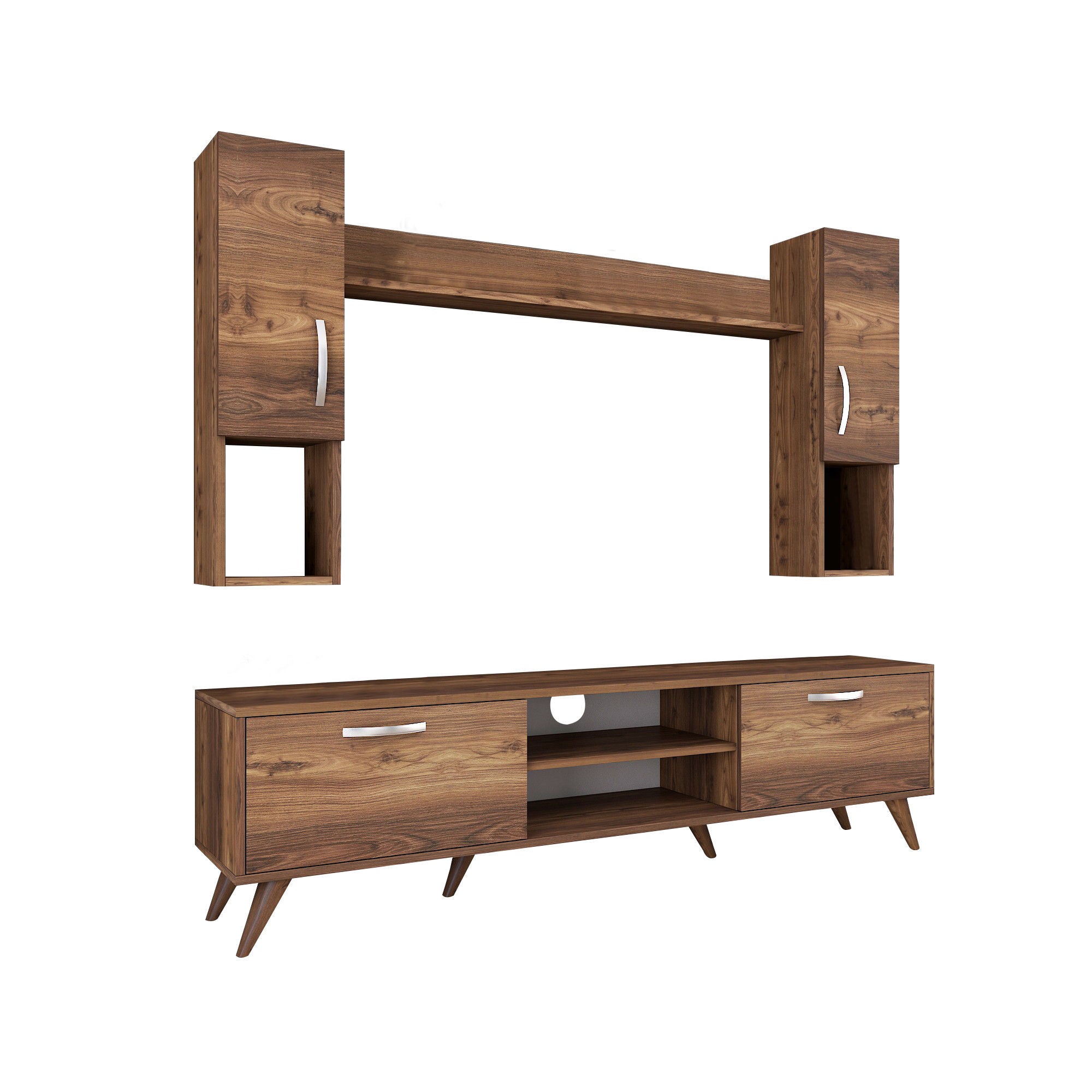 Móvel de TV moderno em nogueira, 180 cm de largura, 100% revestido em melamina, 18 mm de espessura | Inclui armário de parede e prateleira | Armazenamento elegante para casa e sala de estar