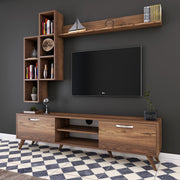 Móvel de TV moderno em nogueira com prateleiras de parede, 100% revestido em melamina, 180 cm de largura e 18 mm de espessura | Solução de armazenamento elegante para casa e espaços de convivência