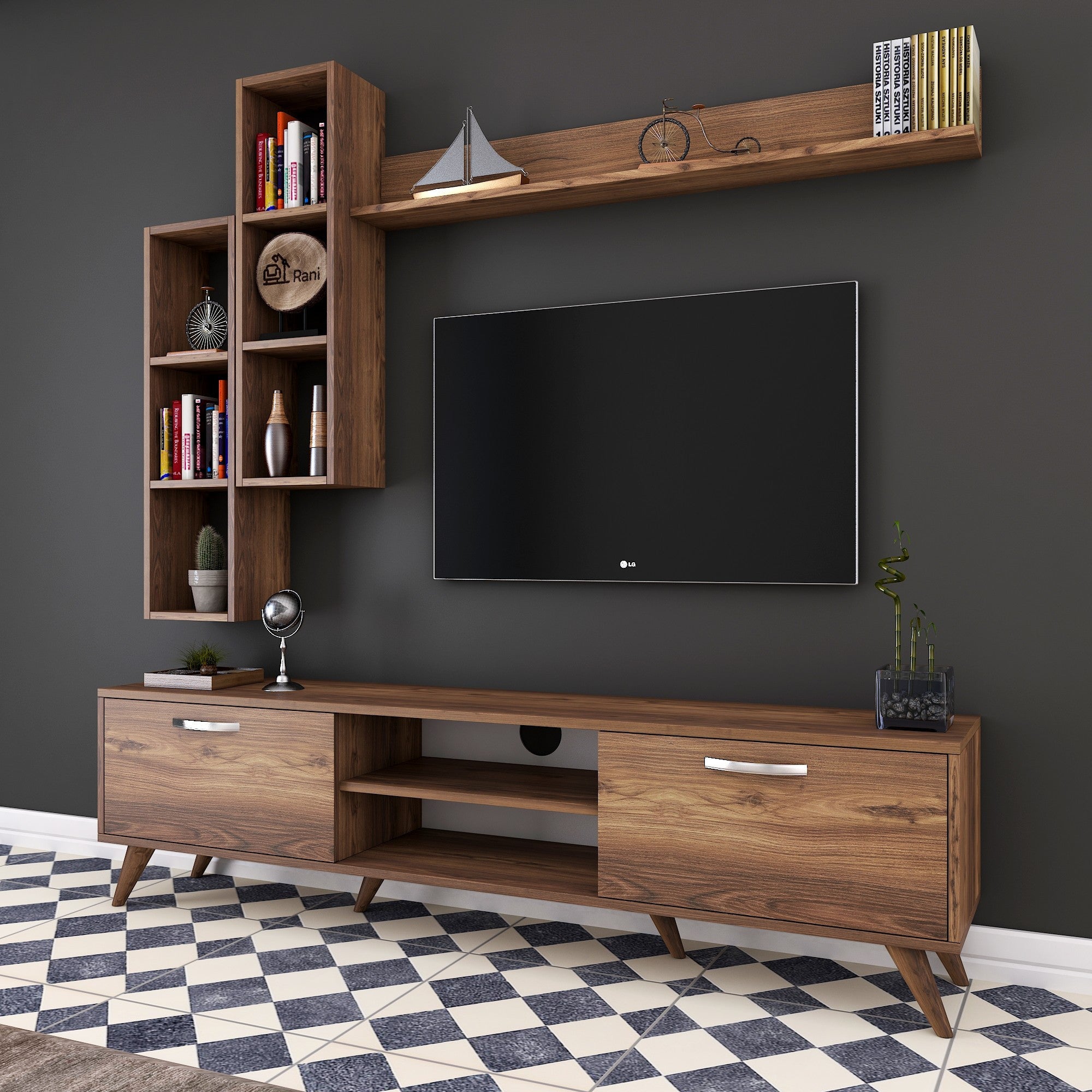 Móvel de TV moderno em nogueira com prateleiras de parede, 100% revestido em melamina, 180 cm de largura e 18 mm de espessura | Solução de armazenamento elegante para casa e espaços de convivência