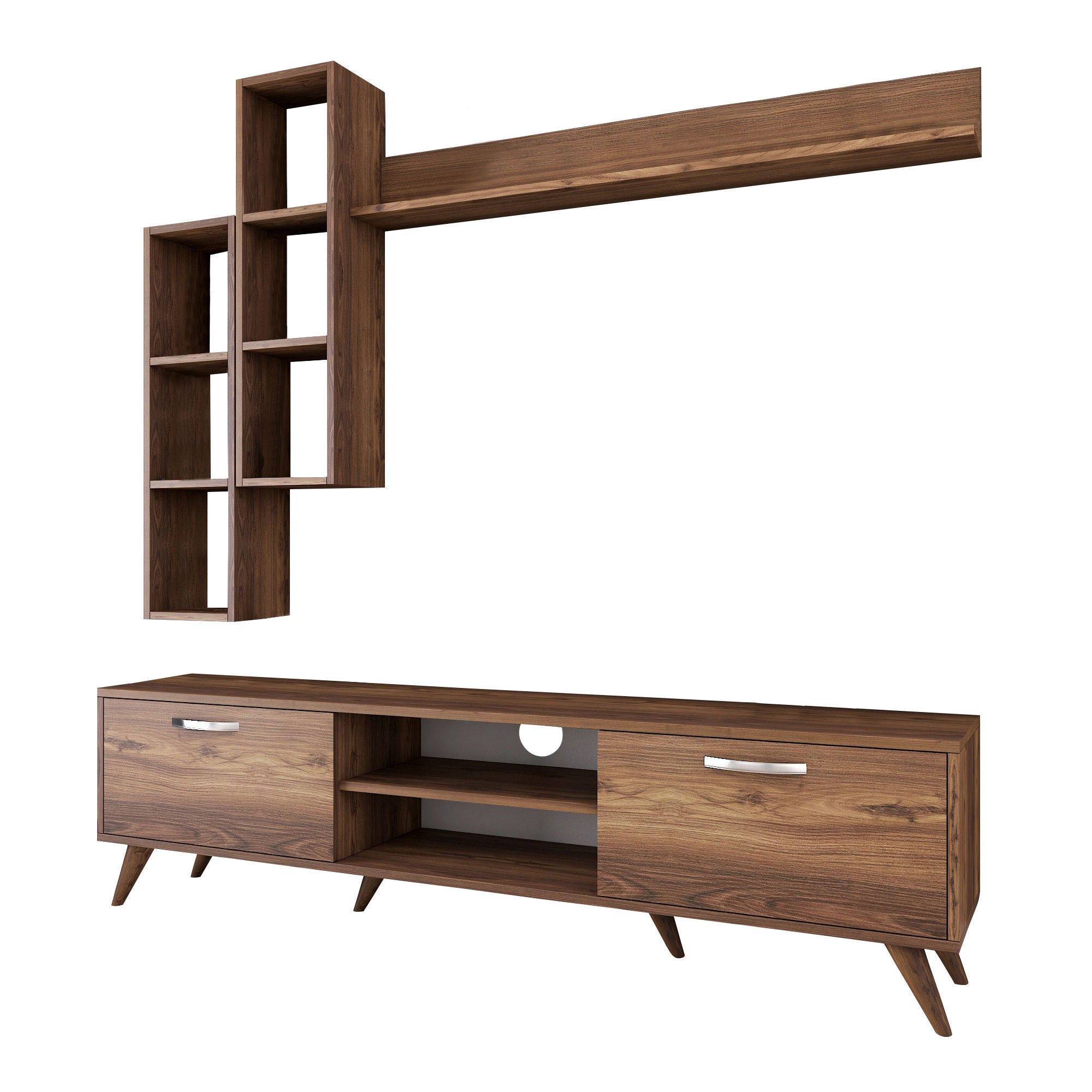 Móvel de TV moderno em nogueira com prateleiras de parede, 100% revestido em melamina, 180 cm de largura e 18 mm de espessura | Solução de armazenamento elegante para casa e espaços de convivência