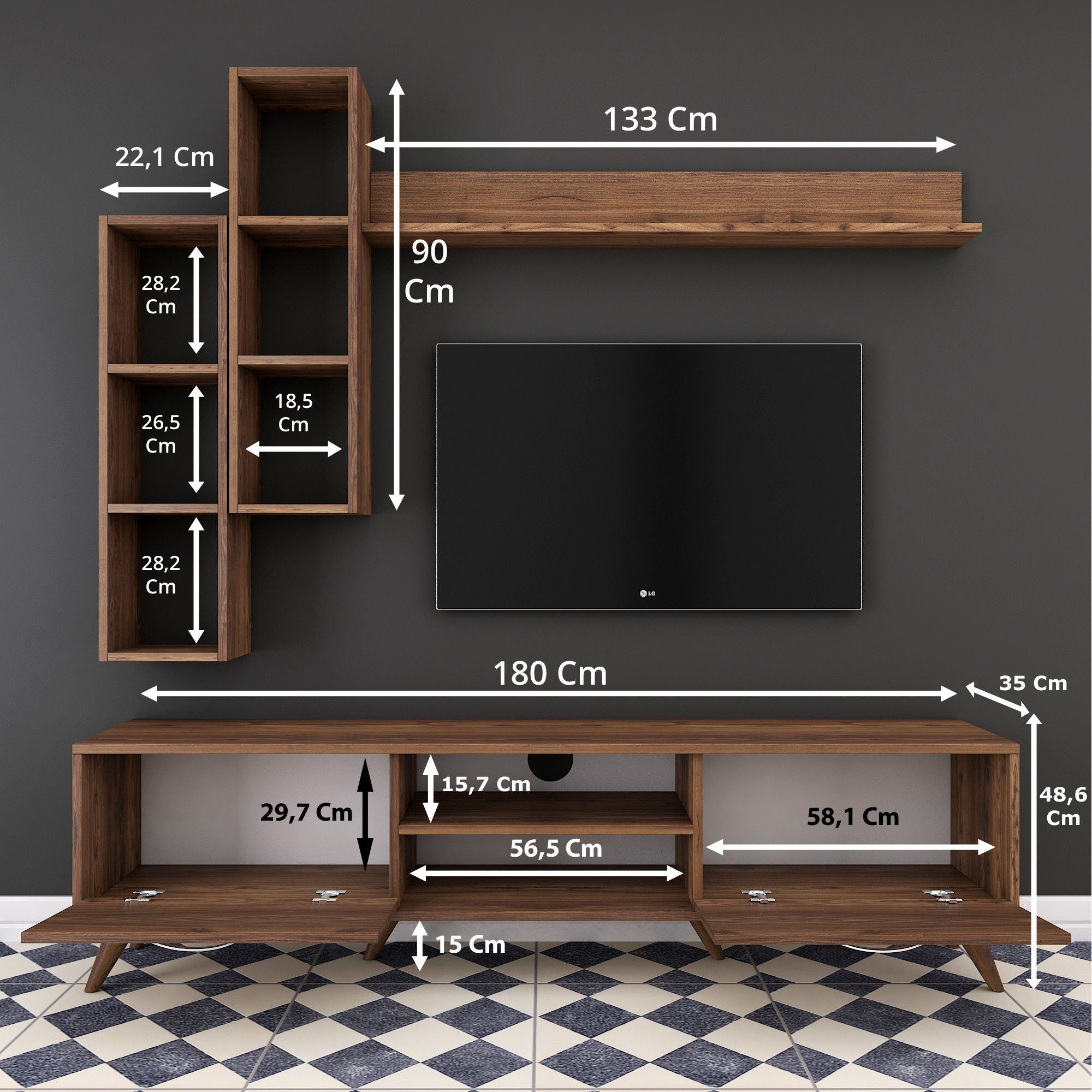 Móvel de TV moderno em nogueira com prateleiras de parede, 100% revestido em melamina, 180 cm de largura e 18 mm de espessura | Solução de armazenamento elegante para casa e espaços de convivência