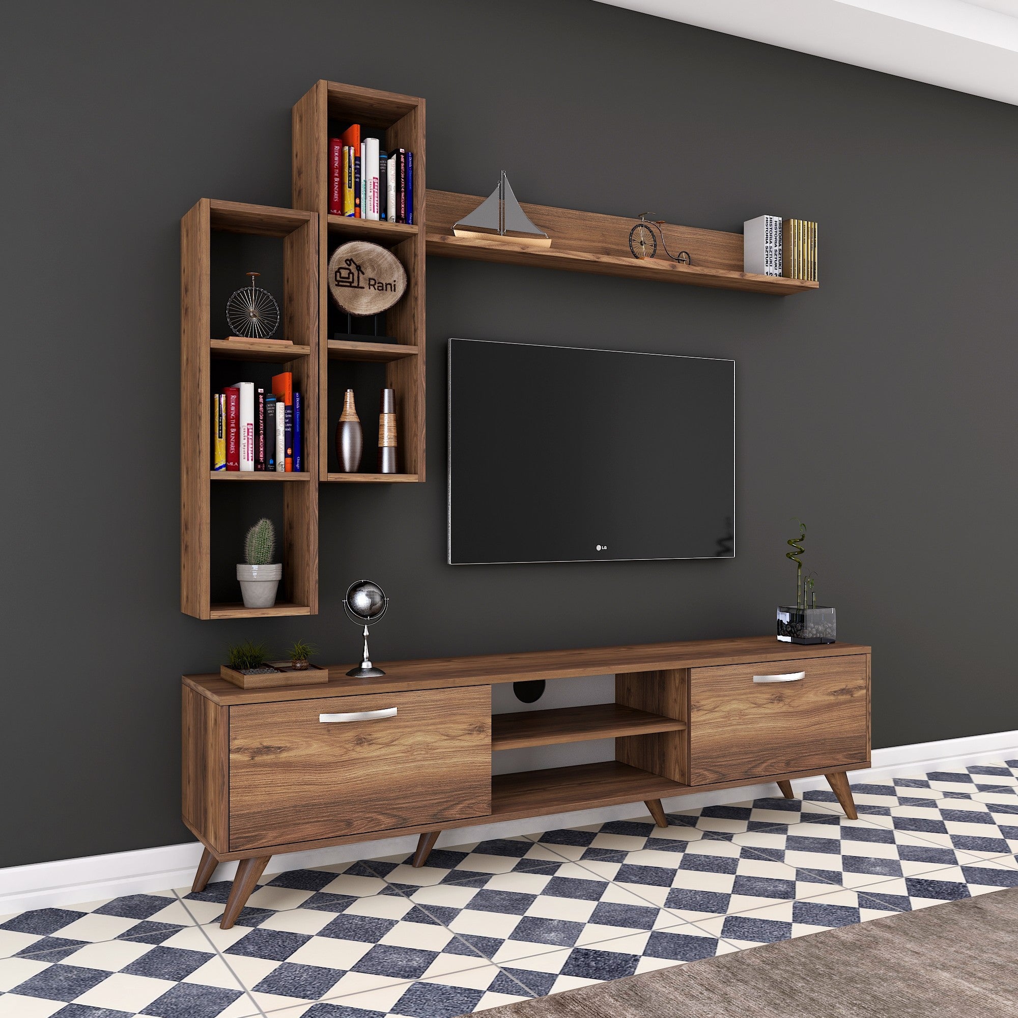 Móvel de TV moderno em nogueira com prateleiras de parede, 100% revestido em melamina, 180 cm de largura e 18 mm de espessura | Solução de armazenamento elegante para casa e espaços de convivência