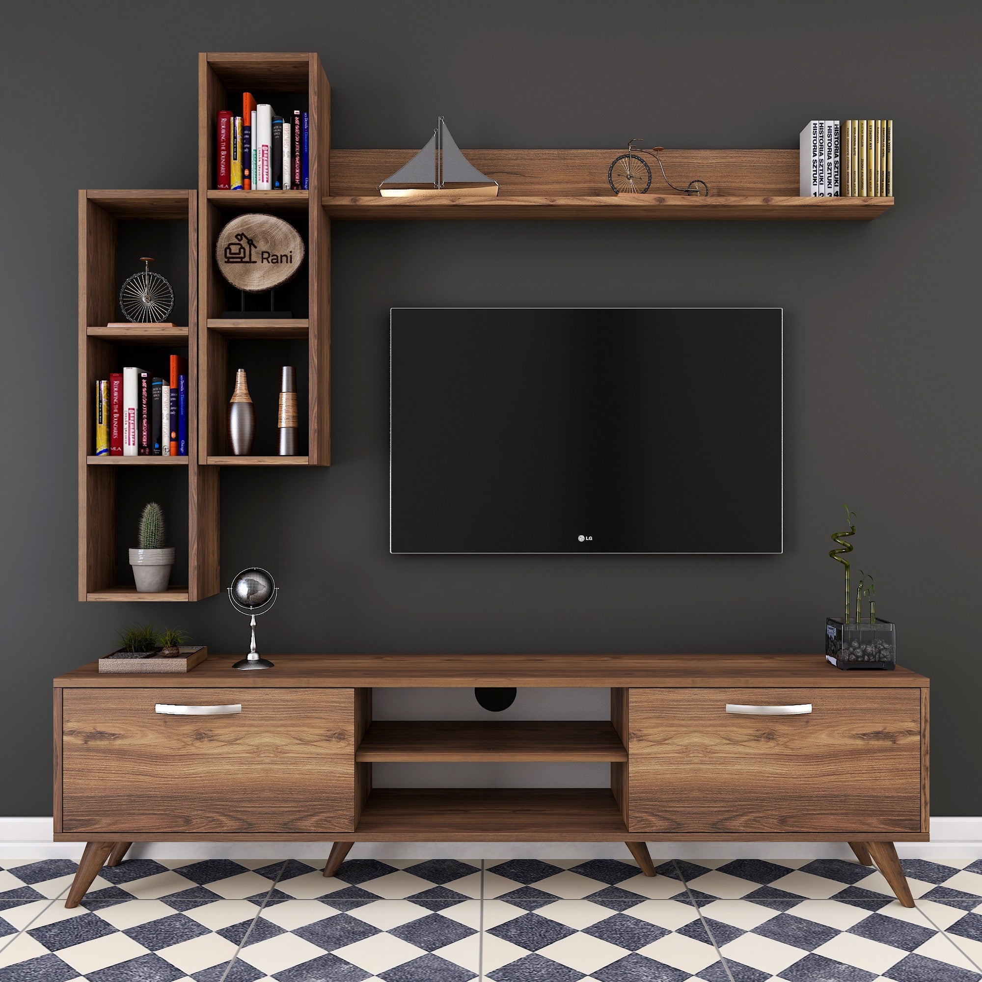 Móvel de TV moderno em nogueira com prateleiras de parede, 100% revestido em melamina, 180 cm de largura e 18 mm de espessura | Solução de armazenamento elegante para casa e espaços de convivência