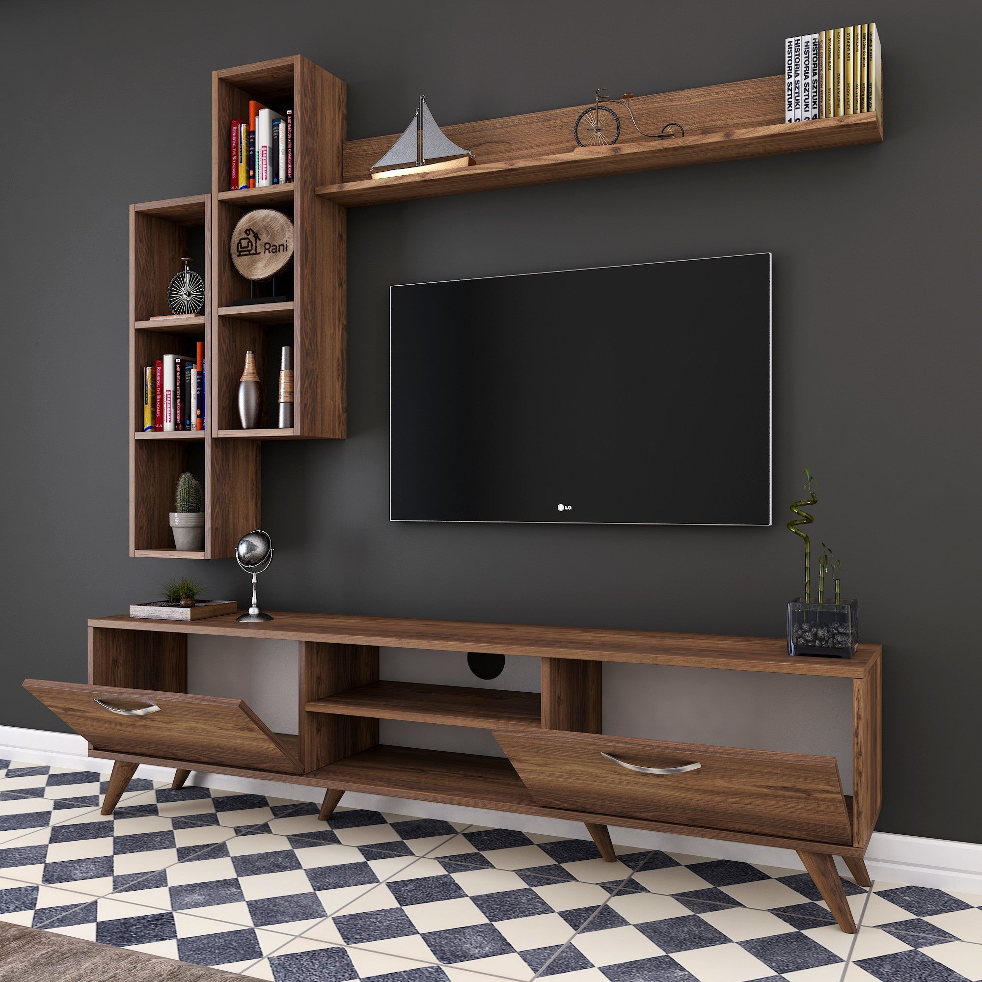 Móvel de TV moderno em nogueira com prateleiras de parede, 100% revestido em melamina, 180 cm de largura e 18 mm de espessura | Solução de armazenamento elegante para casa e espaços de convivência
