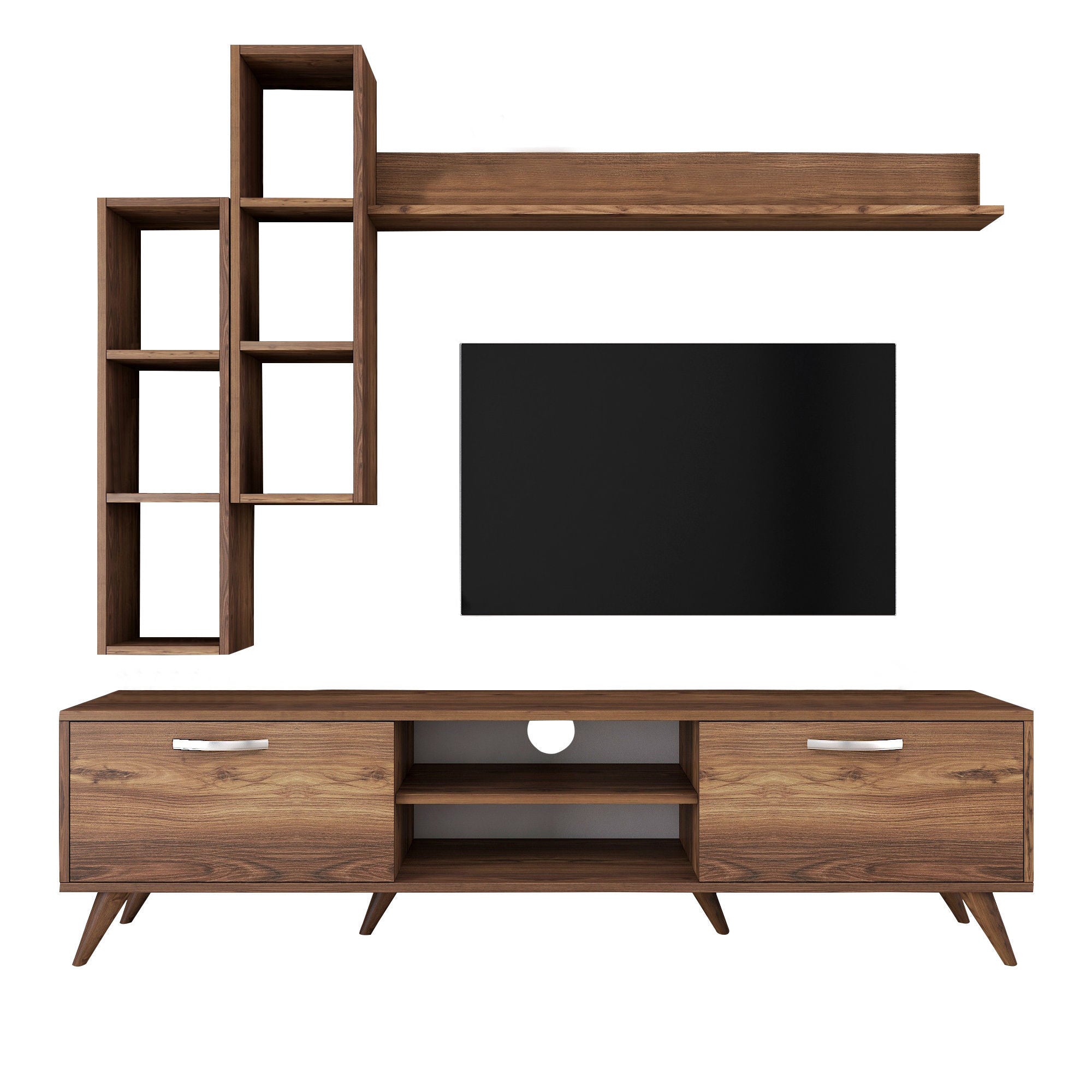 Móvel de TV moderno em nogueira com prateleiras de parede, 100% revestido em melamina, 180 cm de largura e 18 mm de espessura | Solução de armazenamento elegante para casa e espaços de convivência
