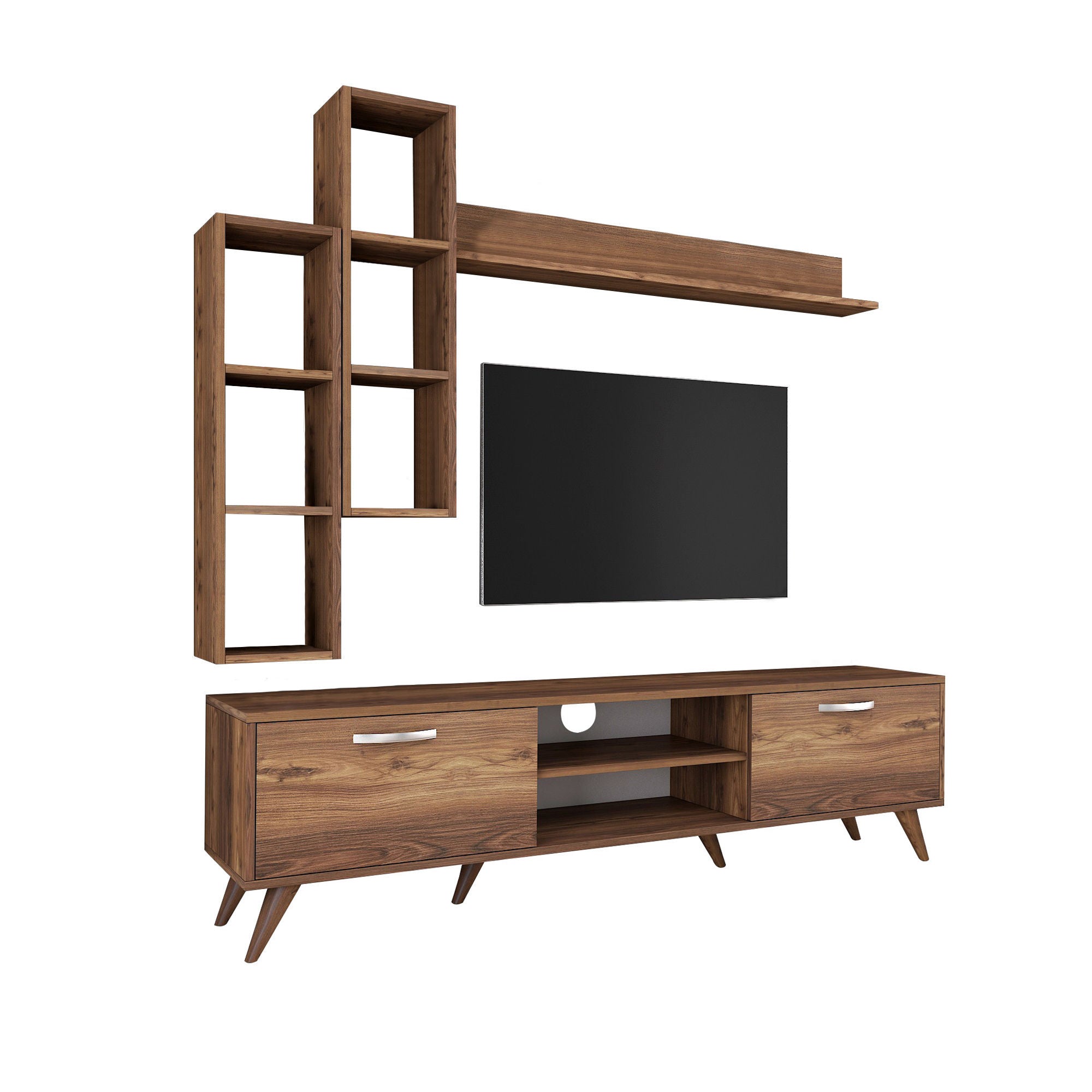 Móvel de TV moderno em nogueira com prateleiras de parede, 100% revestido em melamina, 180 cm de largura e 18 mm de espessura | Solução de armazenamento elegante para casa e espaços de convivência