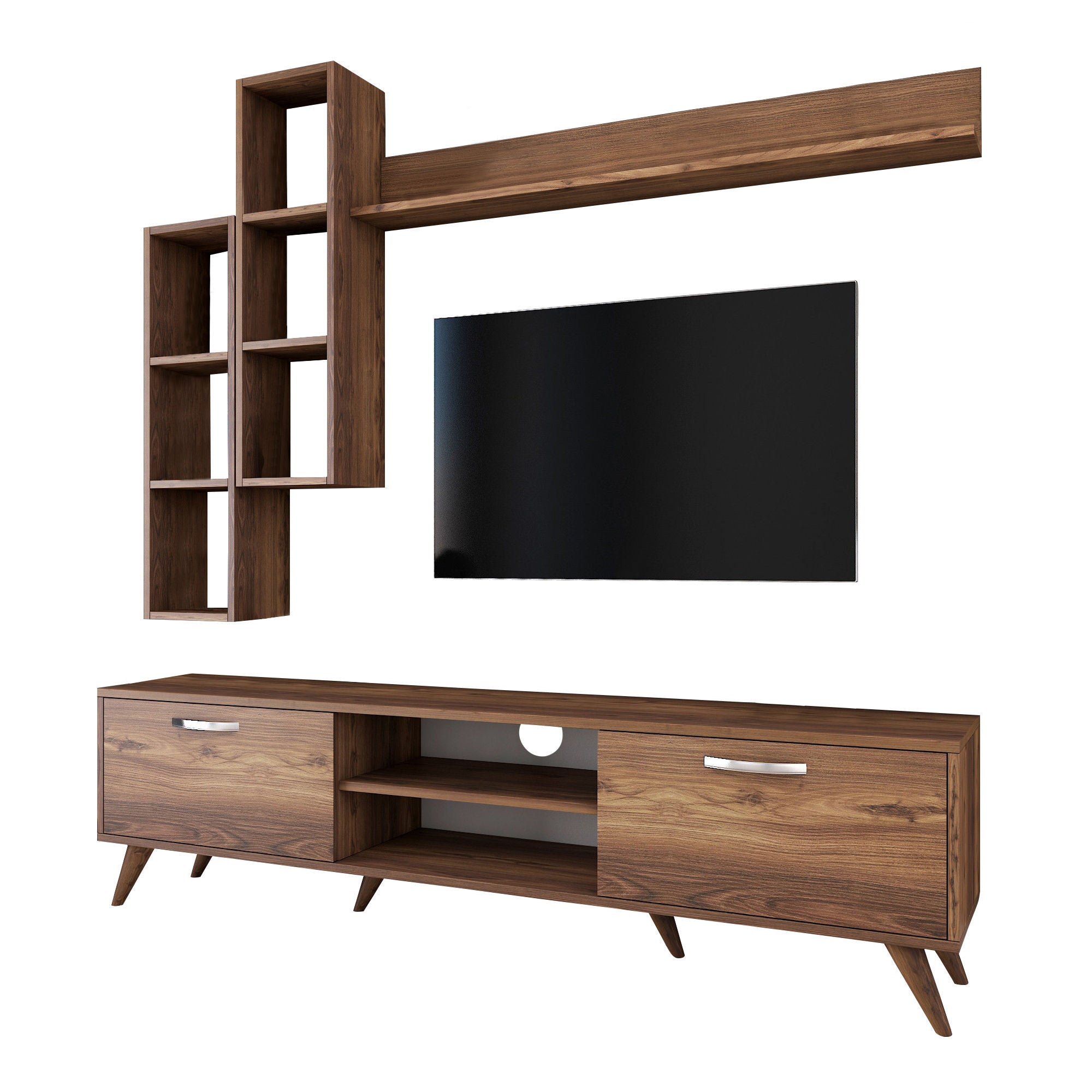 Móvel de TV moderno em nogueira com prateleiras de parede, 100% revestido em melamina, 180 cm de largura e 18 mm de espessura | Solução de armazenamento elegante para casa e espaços de convivência