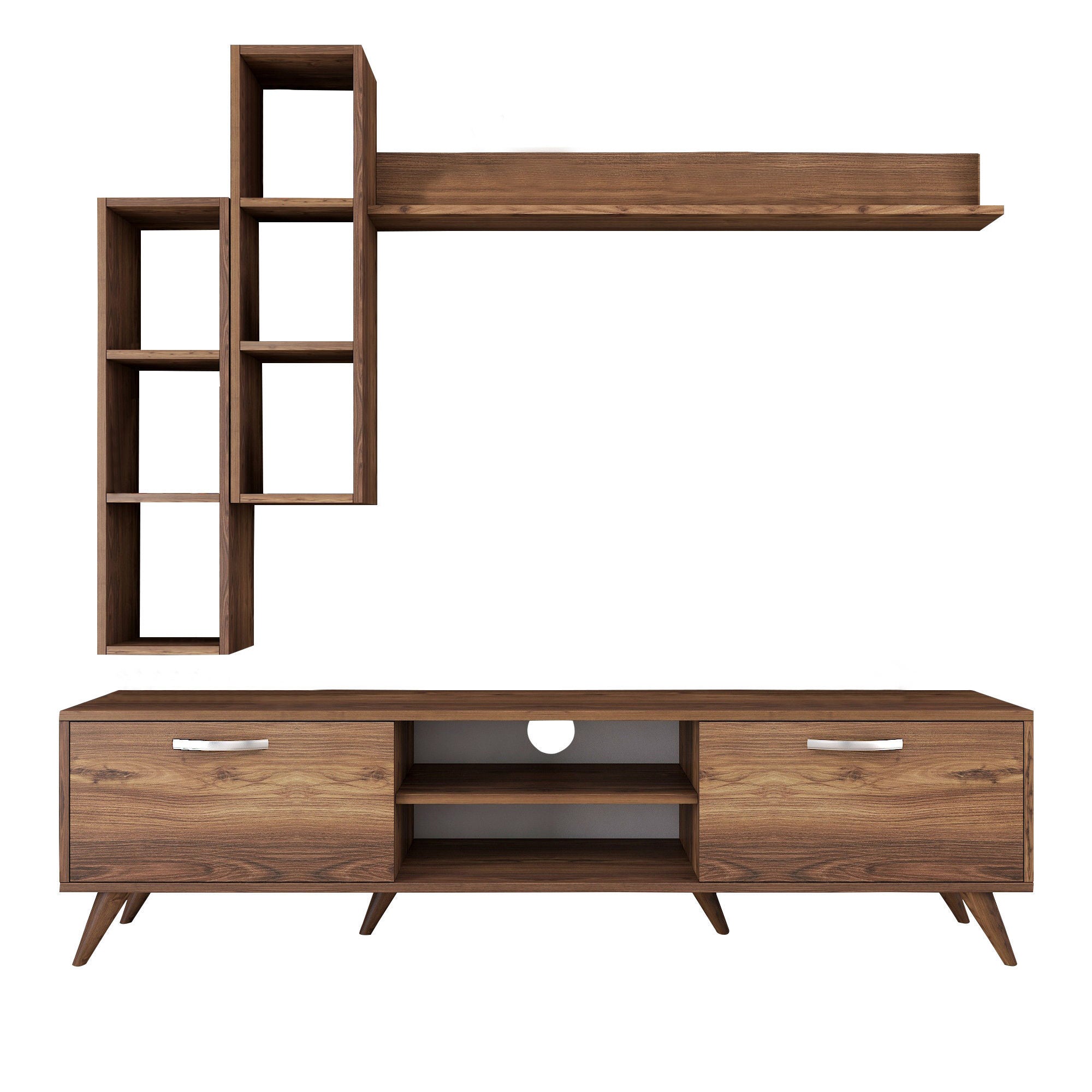 Móvel de TV moderno em nogueira com prateleiras de parede, 100% revestido em melamina, 180 cm de largura e 18 mm de espessura | Solução de armazenamento elegante para casa e espaços de convivência