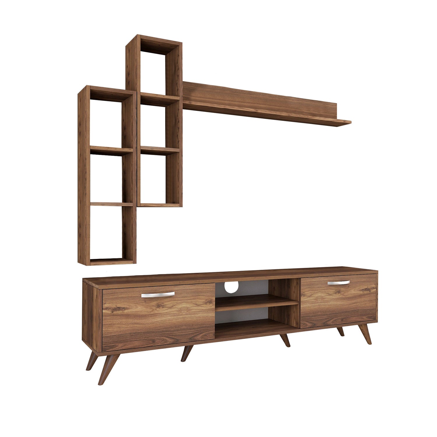 Móvel de TV moderno em nogueira com prateleiras de parede, 100% revestido em melamina, 180 cm de largura e 18 mm de espessura | Solução de armazenamento elegante para casa e espaços de convivência