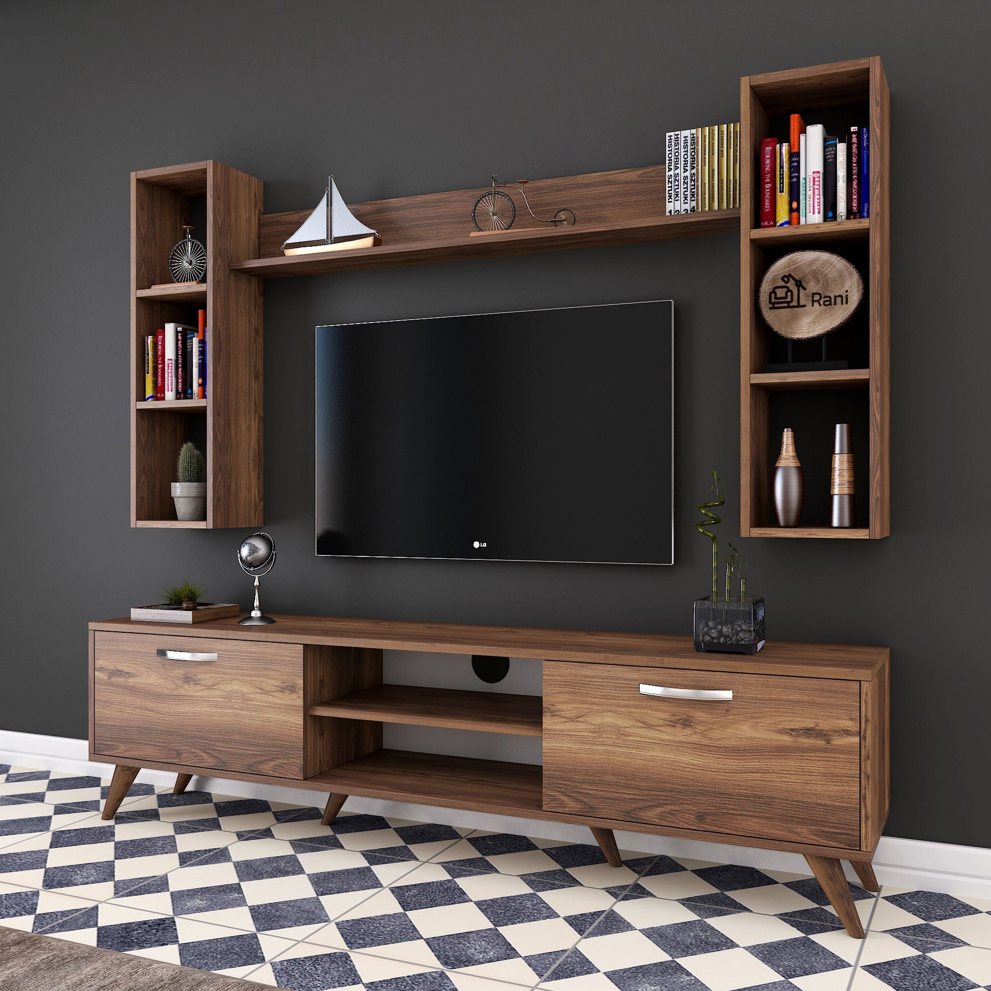 Móvel de TV moderno em nogueira, 180 cm | 100% revestido em melamina, 18 mm de espessura | Montável na parede com várias prateleiras | Armazenamento elegante para casa e sala de estar