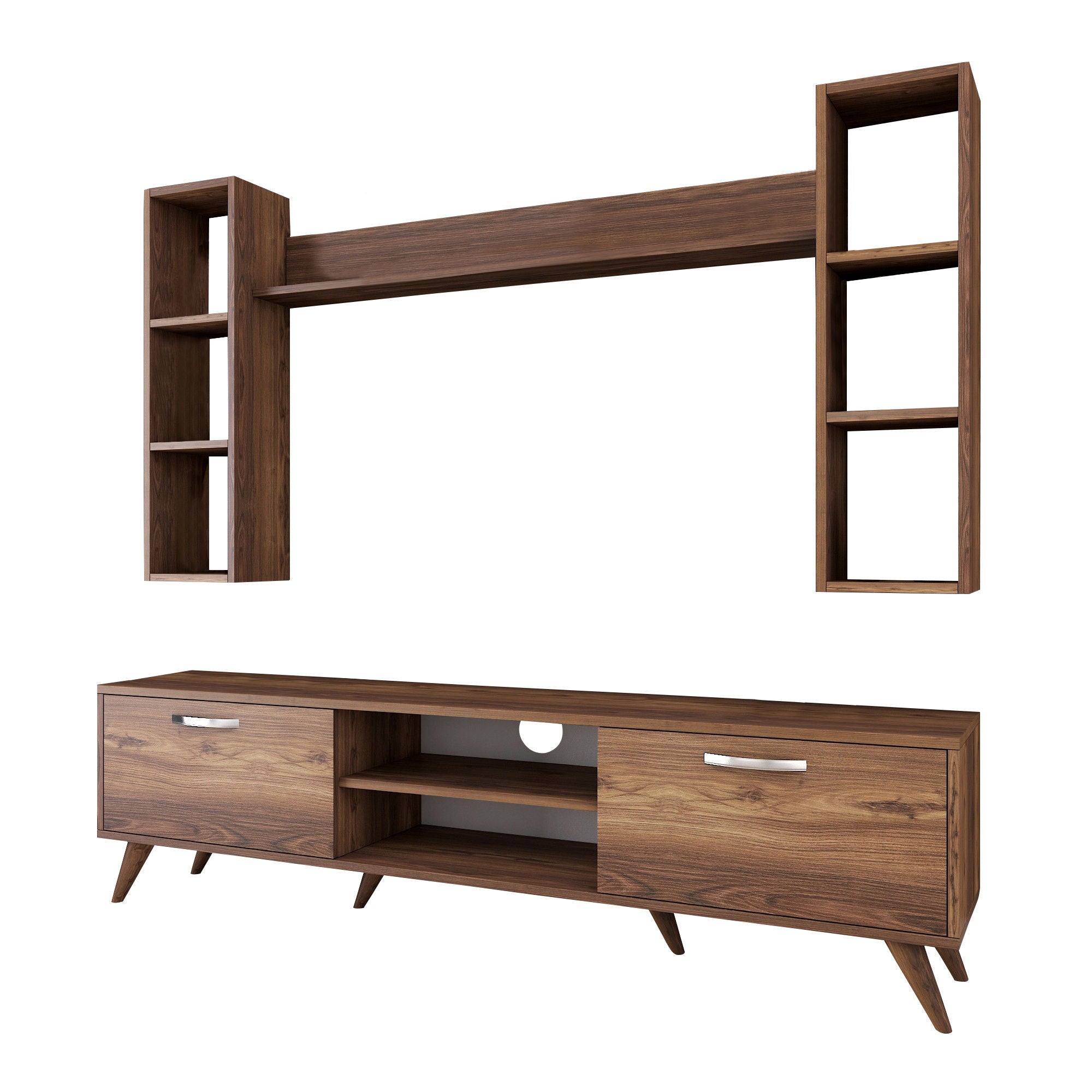 Móvel de TV moderno em nogueira, 180 cm | 100% revestido em melamina, 18 mm de espessura | Montável na parede com várias prateleiras | Armazenamento elegante para casa e sala de estar