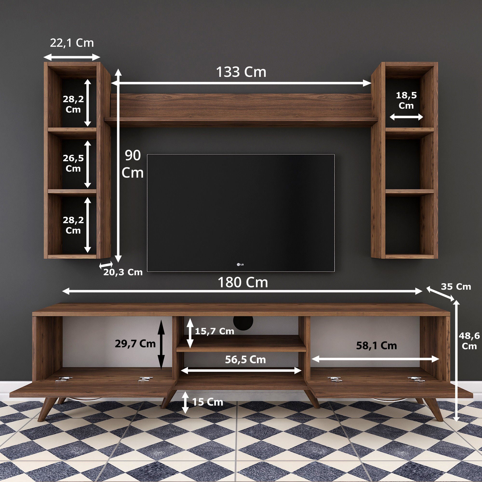 Móvel de TV moderno em nogueira, 180 cm | 100% revestido em melamina, 18 mm de espessura | Montável na parede com várias prateleiras | Armazenamento elegante para casa e sala de estar