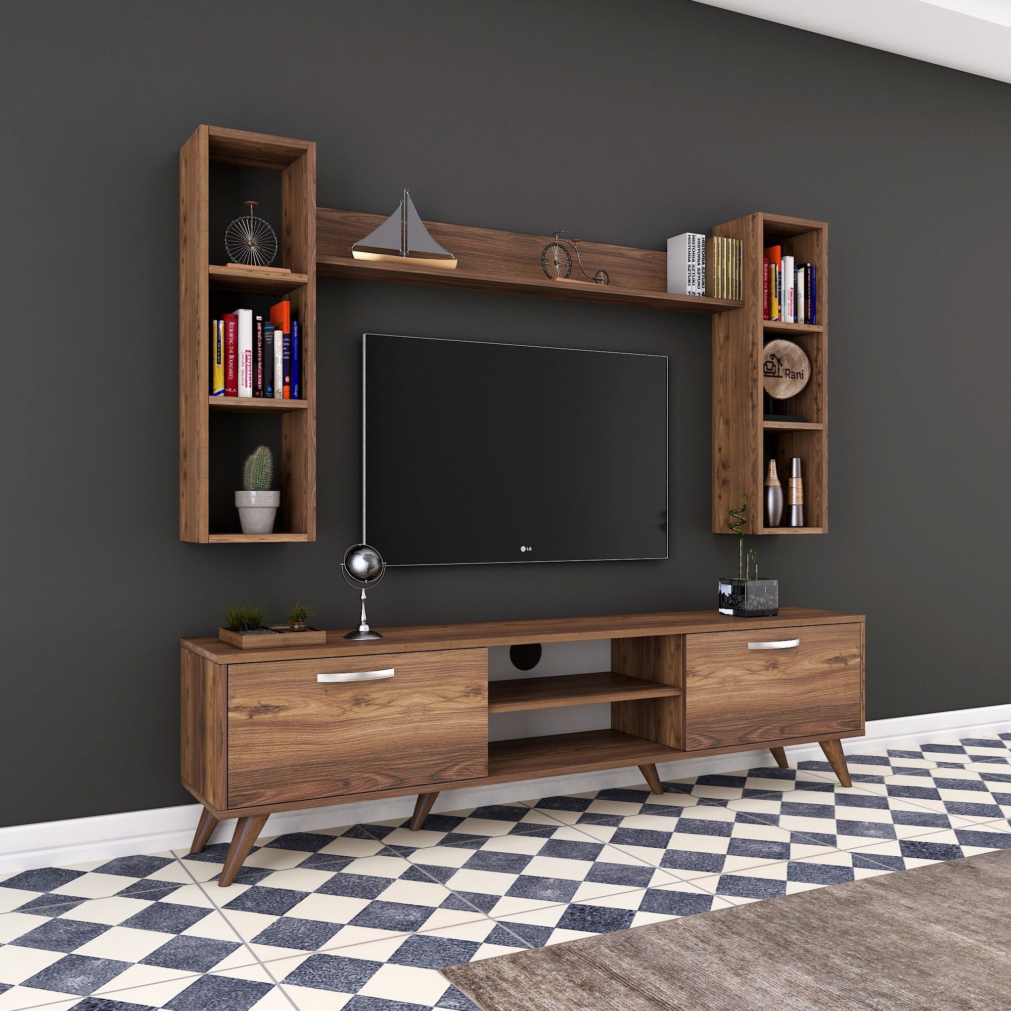 Móvel de TV moderno em nogueira, 180 cm | 100% revestido em melamina, 18 mm de espessura | Montável na parede com várias prateleiras | Armazenamento elegante para casa e sala de estar
