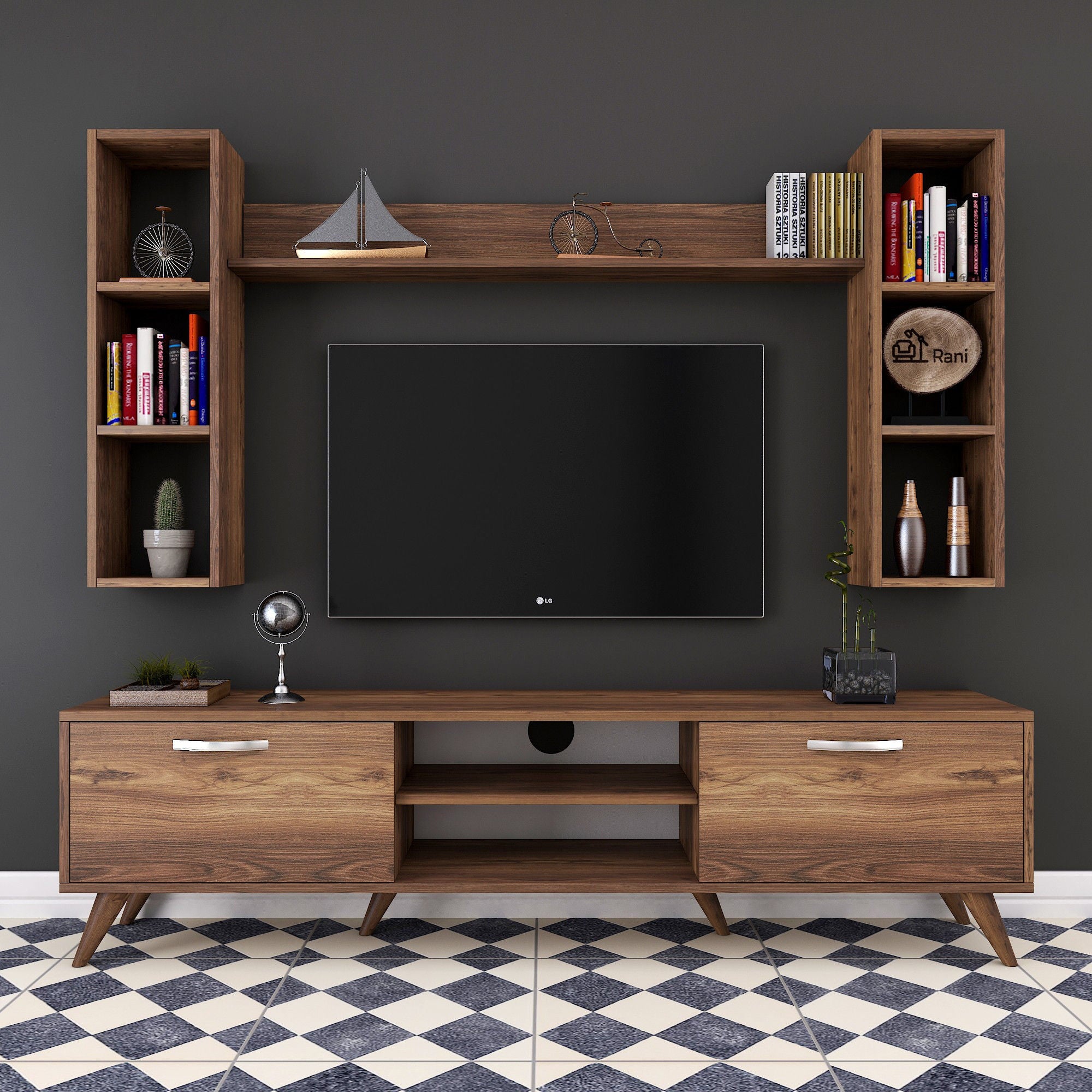 Móvel de TV moderno em nogueira, 180 cm | 100% revestido em melamina, 18 mm de espessura | Montável na parede com várias prateleiras | Armazenamento elegante para casa e sala de estar