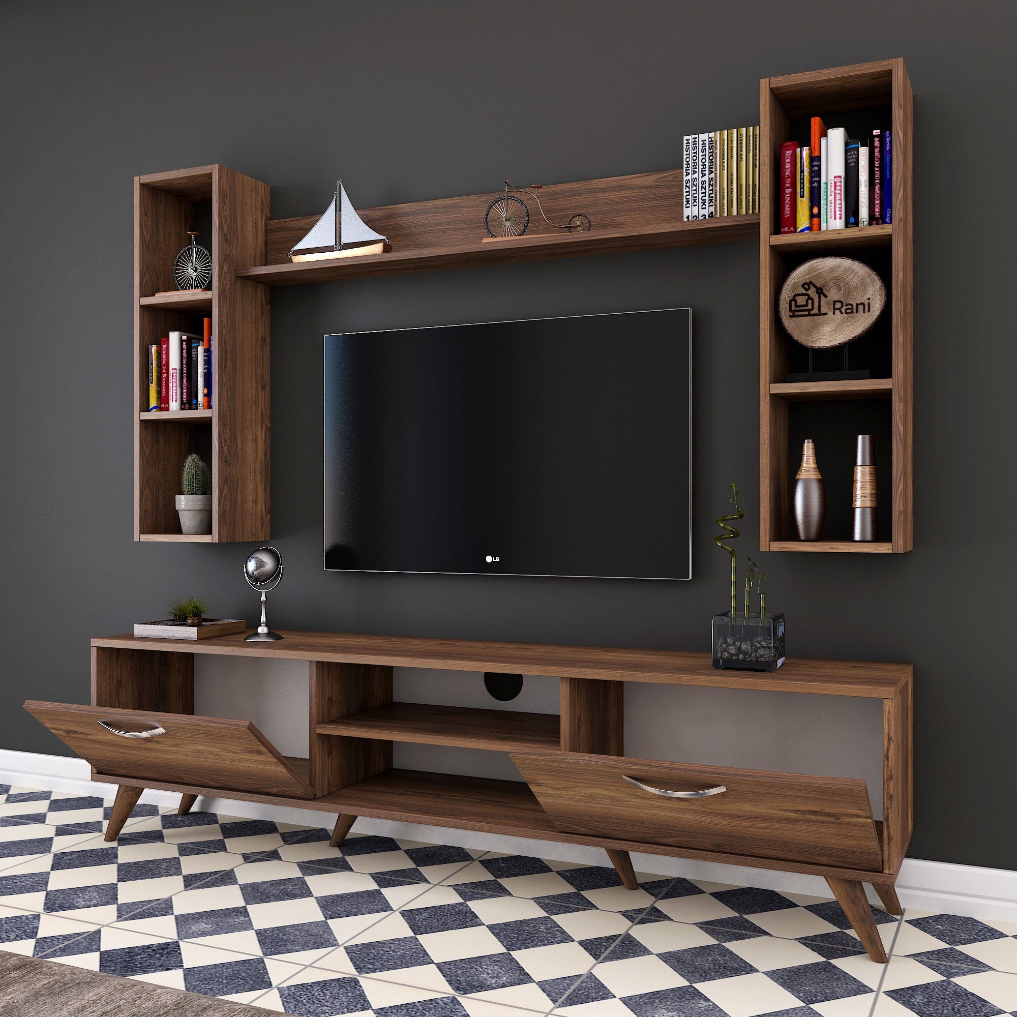 Móvel de TV moderno em nogueira, 180 cm | 100% revestido em melamina, 18 mm de espessura | Montável na parede com várias prateleiras | Armazenamento elegante para casa e sala de estar