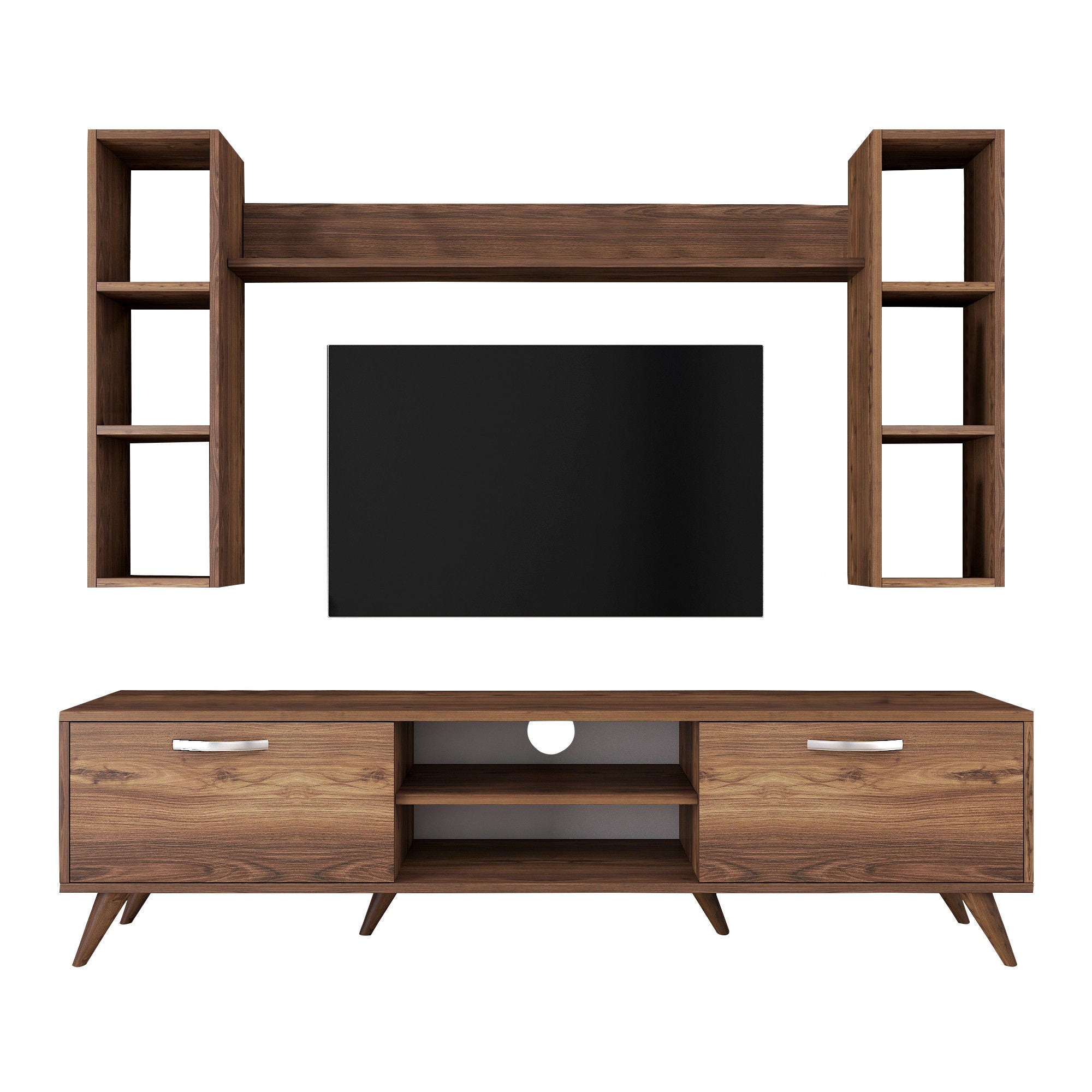 Móvel de TV moderno em nogueira, 180 cm | 100% revestido em melamina, 18 mm de espessura | Montável na parede com várias prateleiras | Armazenamento elegante para casa e sala de estar