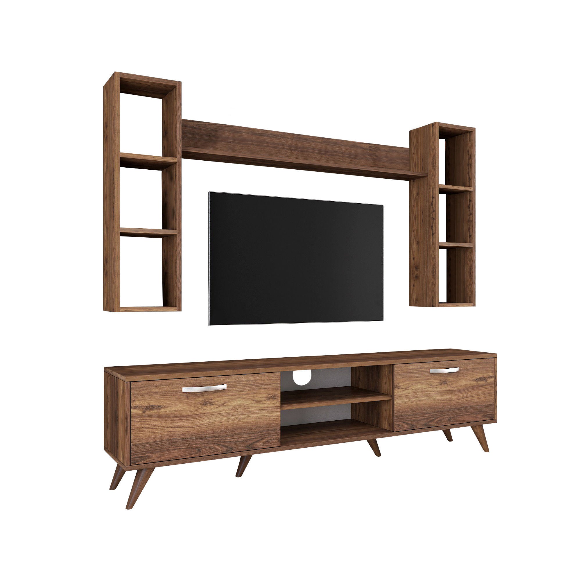 Móvel de TV moderno em nogueira, 180 cm | 100% revestido em melamina, 18 mm de espessura | Montável na parede com várias prateleiras | Armazenamento elegante para casa e sala de estar