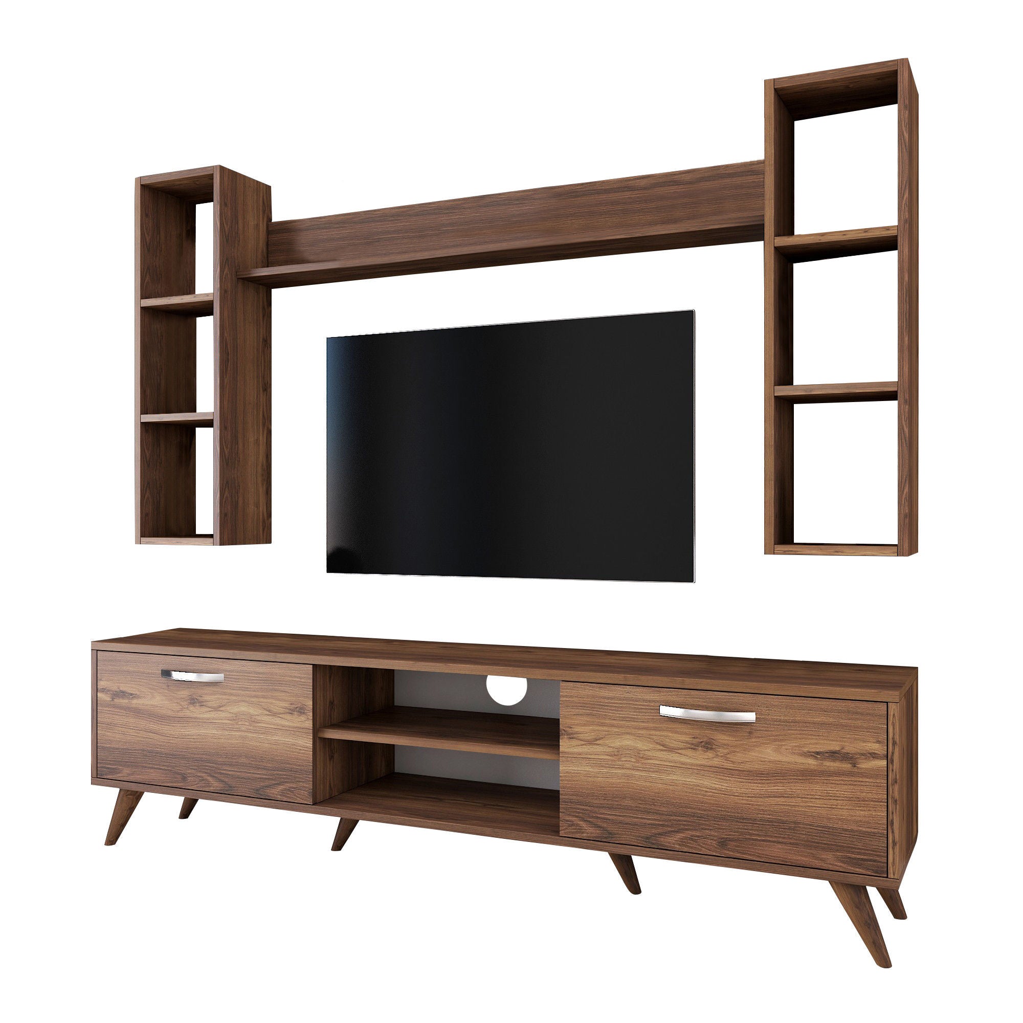 Móvel de TV moderno em nogueira, 180 cm | 100% revestido em melamina, 18 mm de espessura | Montável na parede com várias prateleiras | Armazenamento elegante para casa e sala de estar