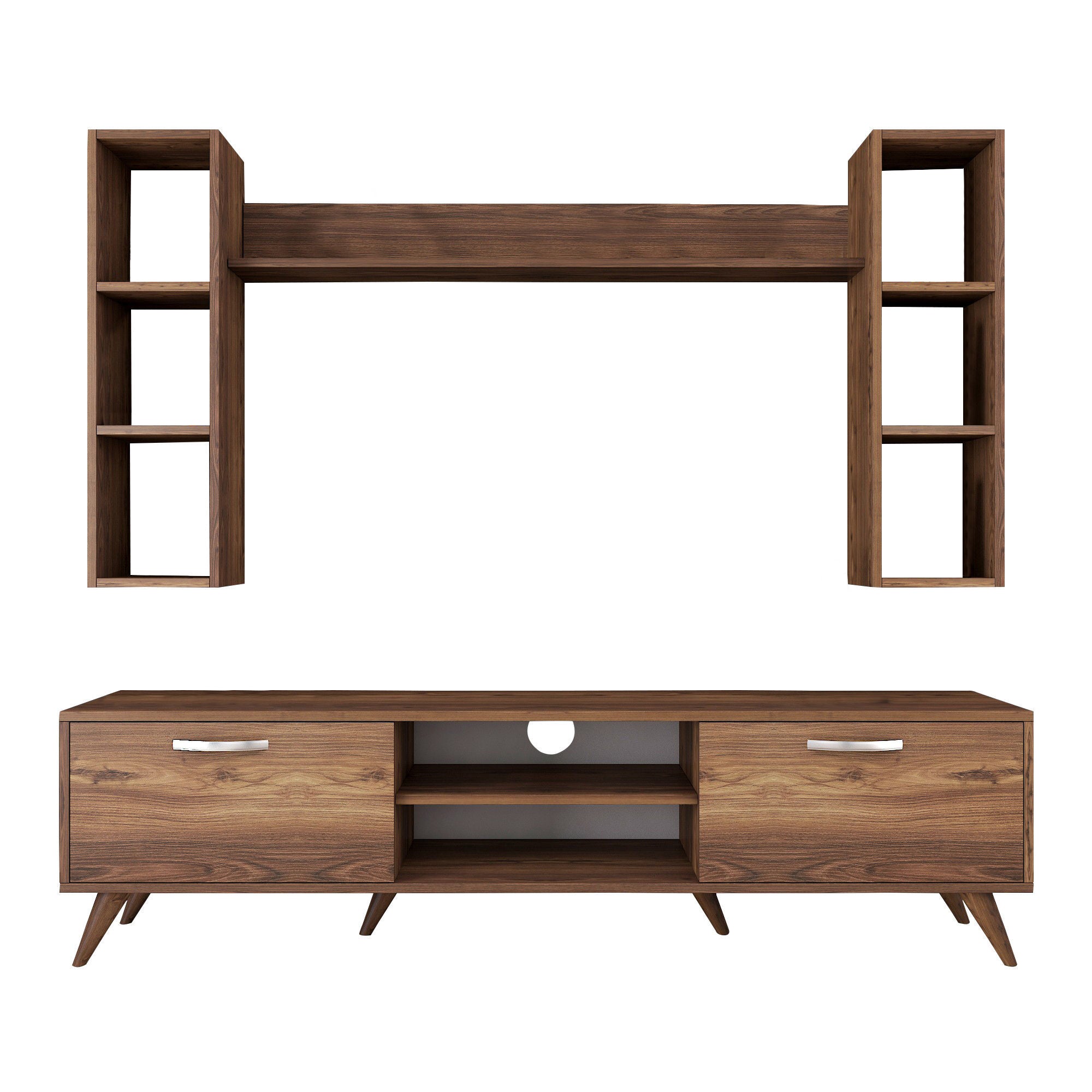 Móvel de TV moderno em nogueira, 180 cm | 100% revestido em melamina, 18 mm de espessura | Montável na parede com várias prateleiras | Armazenamento elegante para casa e sala de estar