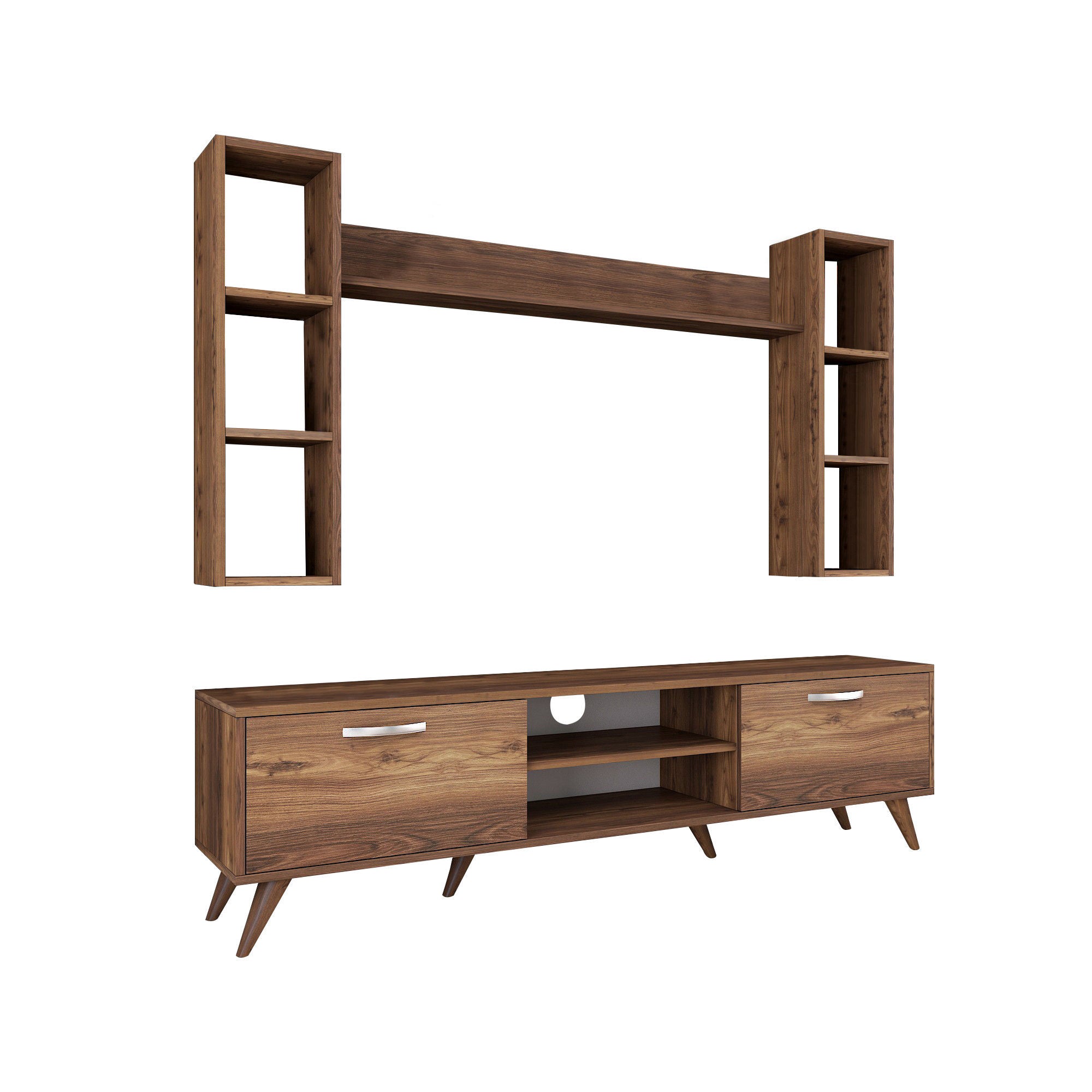 Móvel de TV moderno em nogueira, 180 cm | 100% revestido em melamina, 18 mm de espessura | Montável na parede com várias prateleiras | Armazenamento elegante para casa e sala de estar