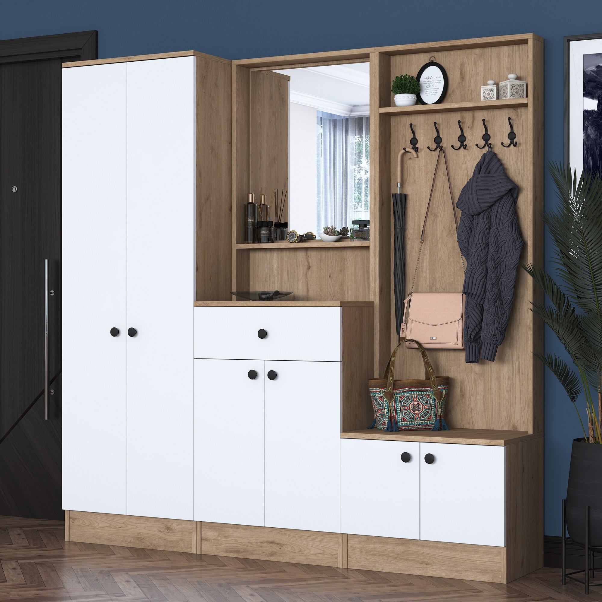 Aparador de hall – 179,4 x 182,8 x 37,5 cm – Branco e nogueira – Aglomerado E1 revestido a melamina