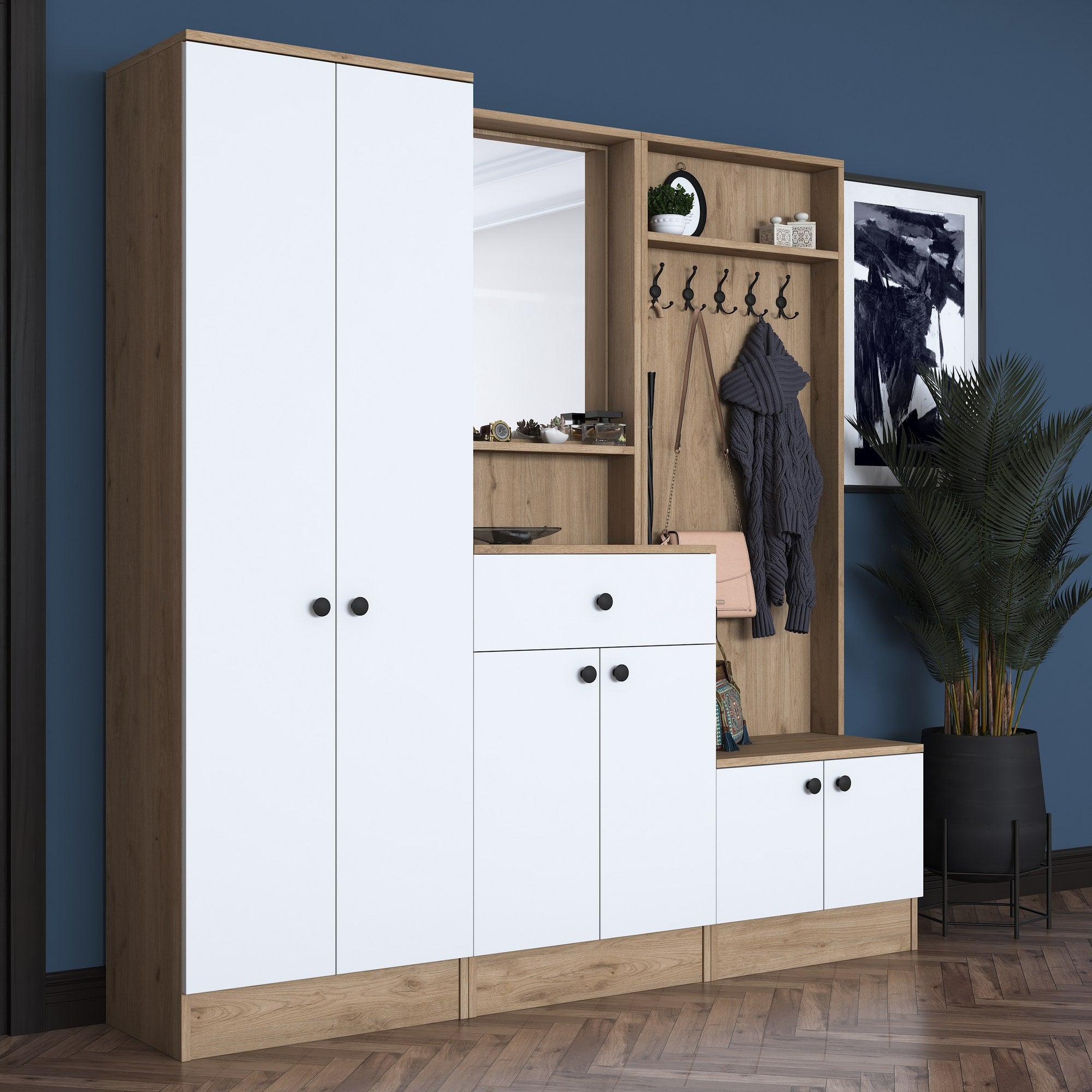 Aparador de hall – 179,4 x 182,8 x 37,5 cm – Branco e nogueira – Aglomerado E1 revestido a melamina