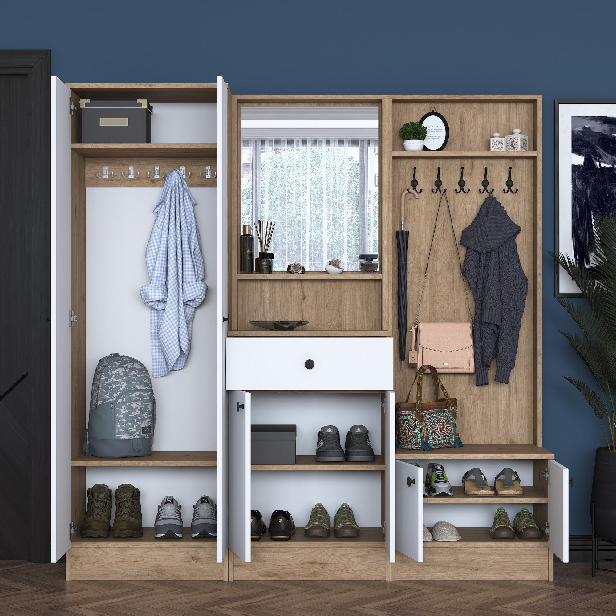 Aparador de hall – 179,4 x 182,8 x 37,5 cm – Branco e nogueira – Aglomerado E1 revestido a melamina