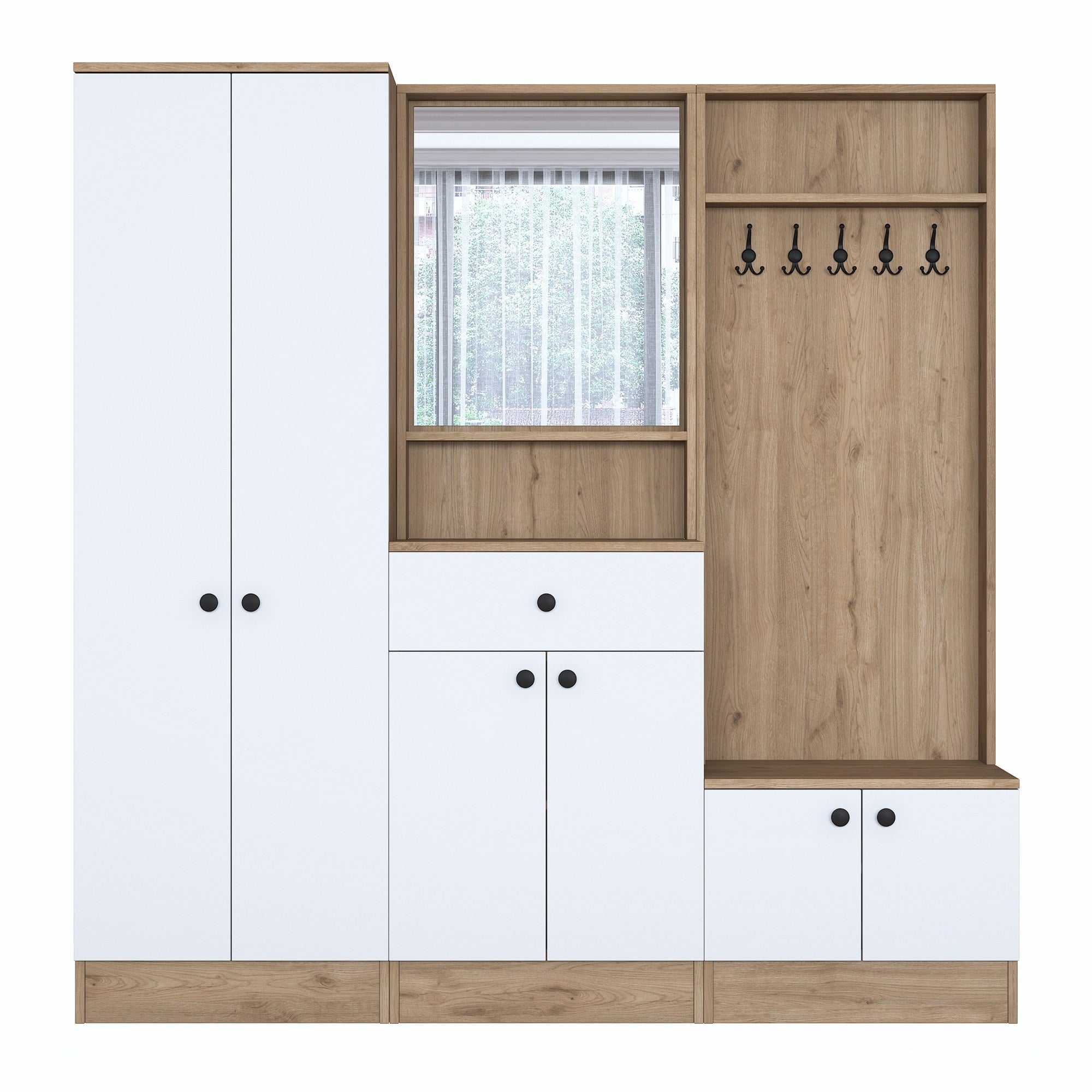 Aparador de hall – 179,4 x 182,8 x 37,5 cm – Branco e nogueira – Aglomerado E1 revestido a melamina