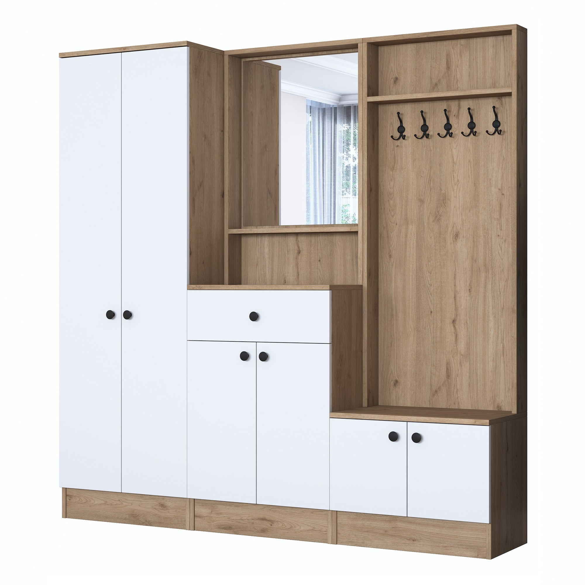 Aparador de hall – 179,4 x 182,8 x 37,5 cm – Branco e nogueira – Aglomerado E1 revestido a melamina