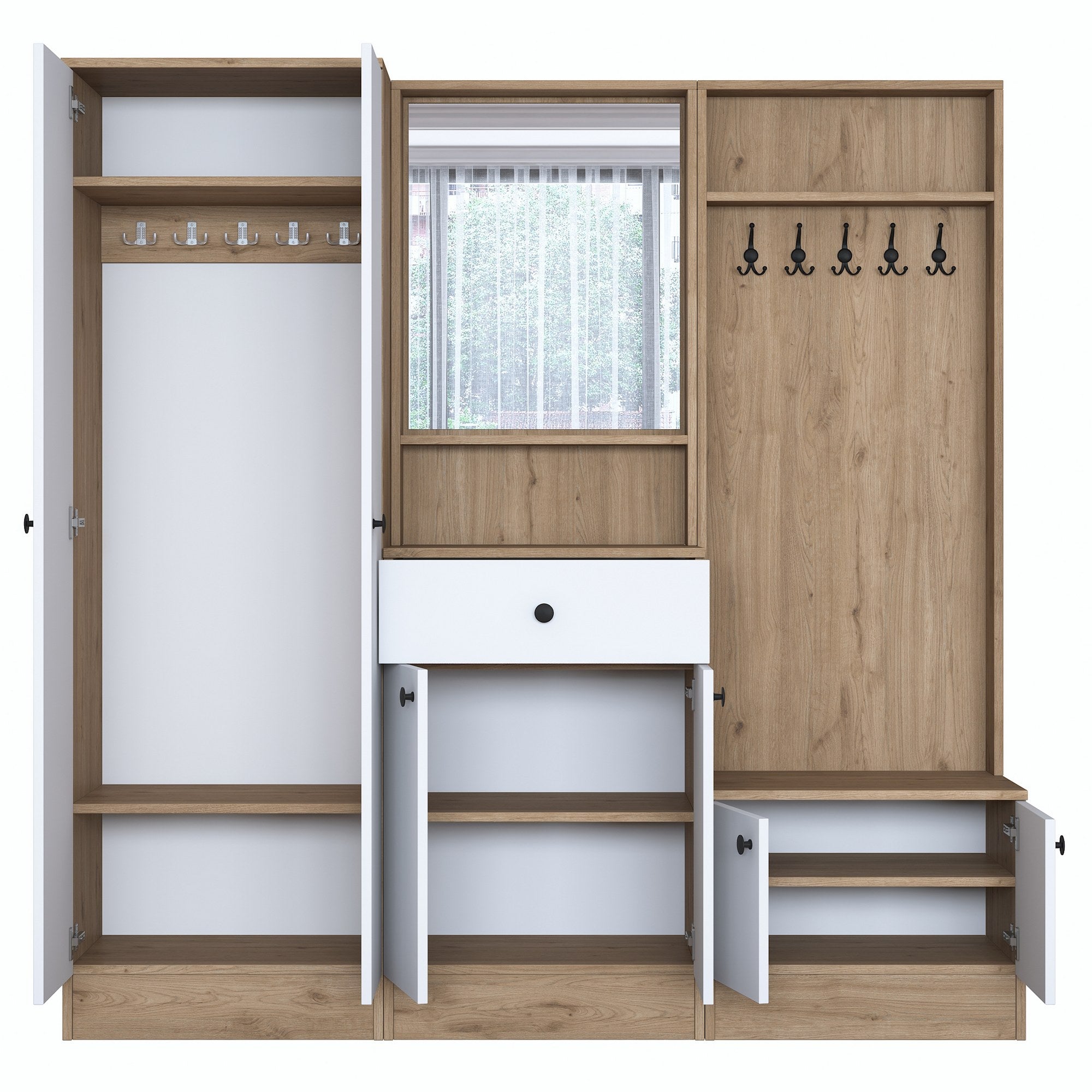 Aparador de hall – 179,4 x 182,8 x 37,5 cm – Branco e nogueira – Aglomerado E1 revestido a melamina
