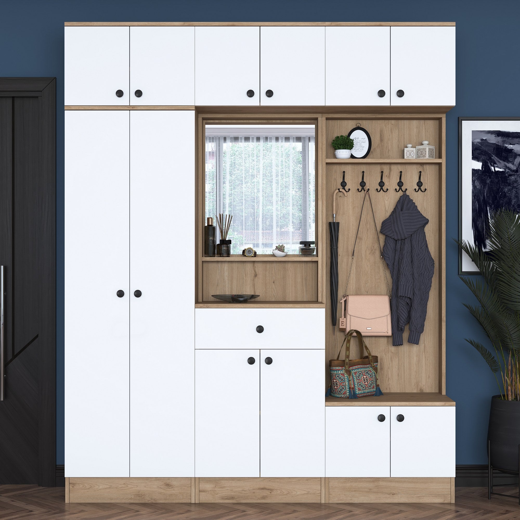 Estante de hall – 179,4 x 226,4 x 37,5 cm – Branco e nogueira – Aglomerado