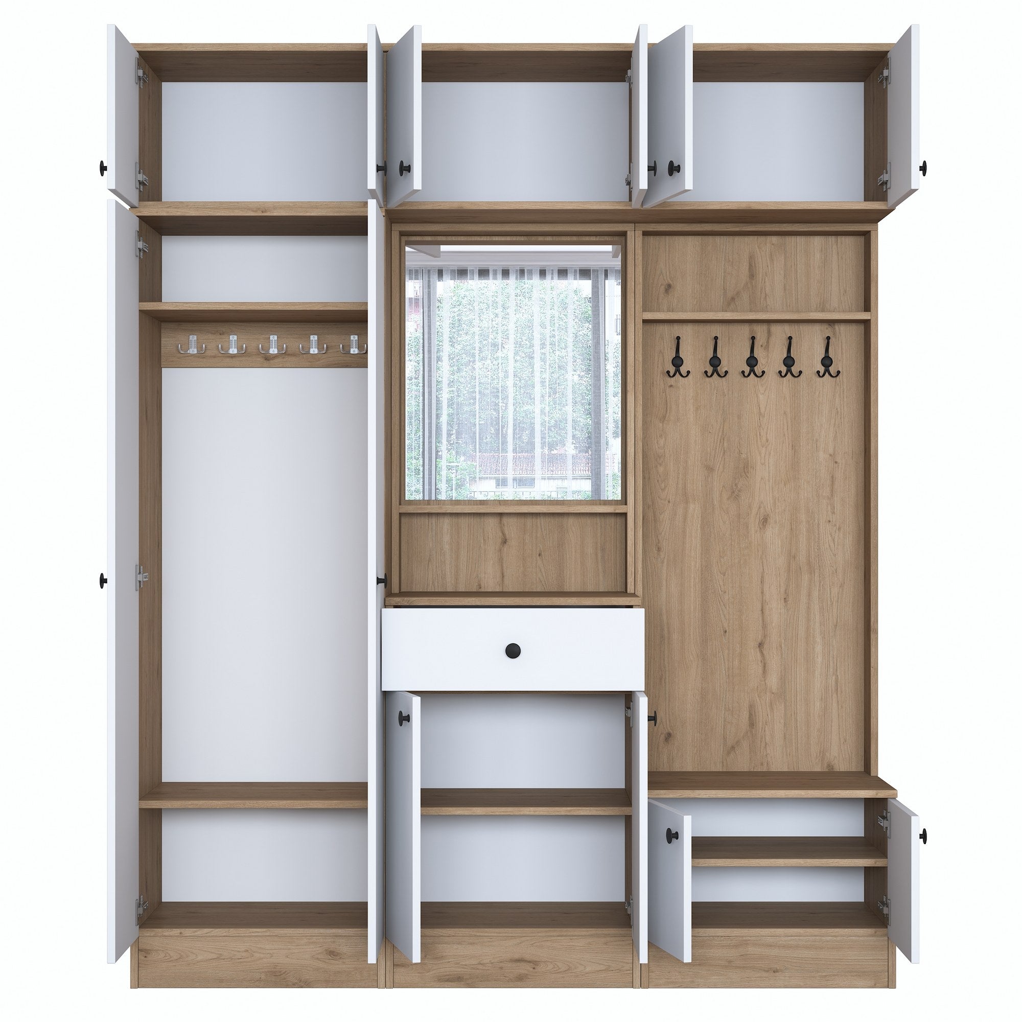 Estante de hall – 179,4 x 226,4 x 37,5 cm – Branco e nogueira – Aglomerado