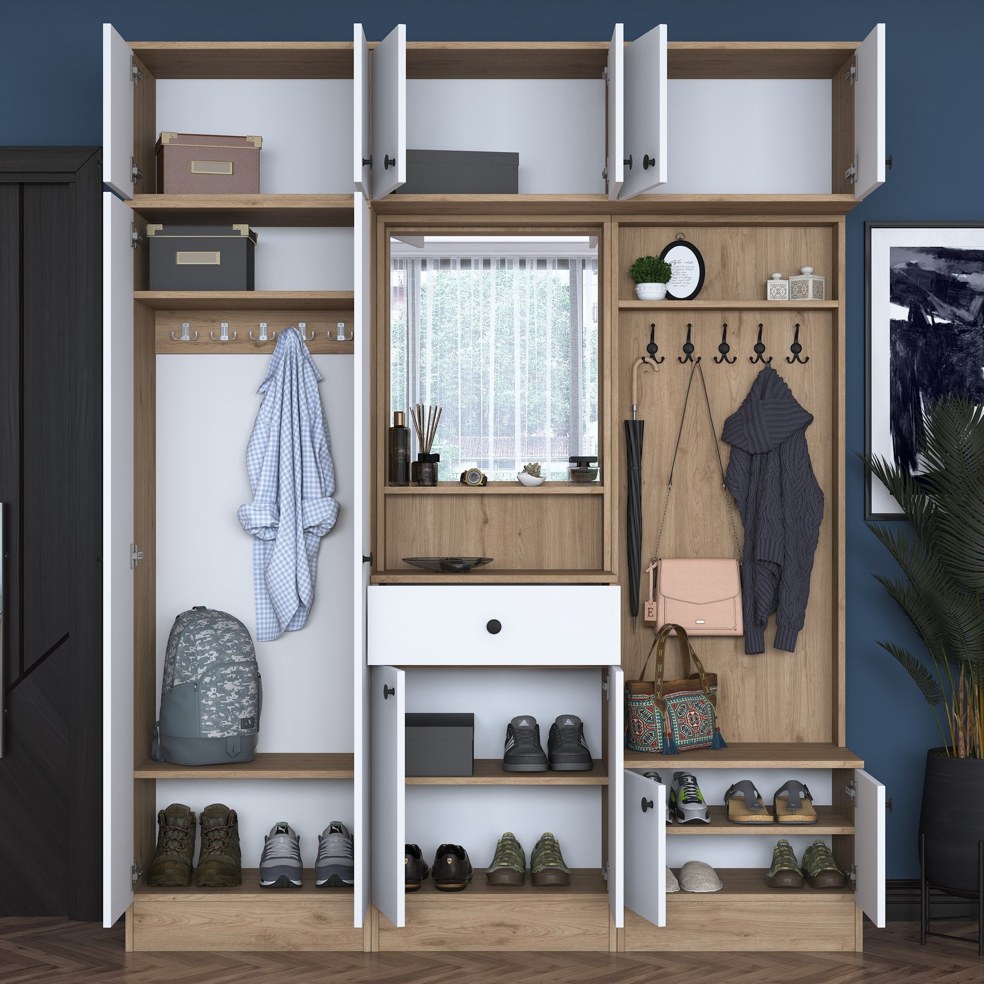 Estante de hall – 179,4 x 226,4 x 37,5 cm – Branco e nogueira – Aglomerado