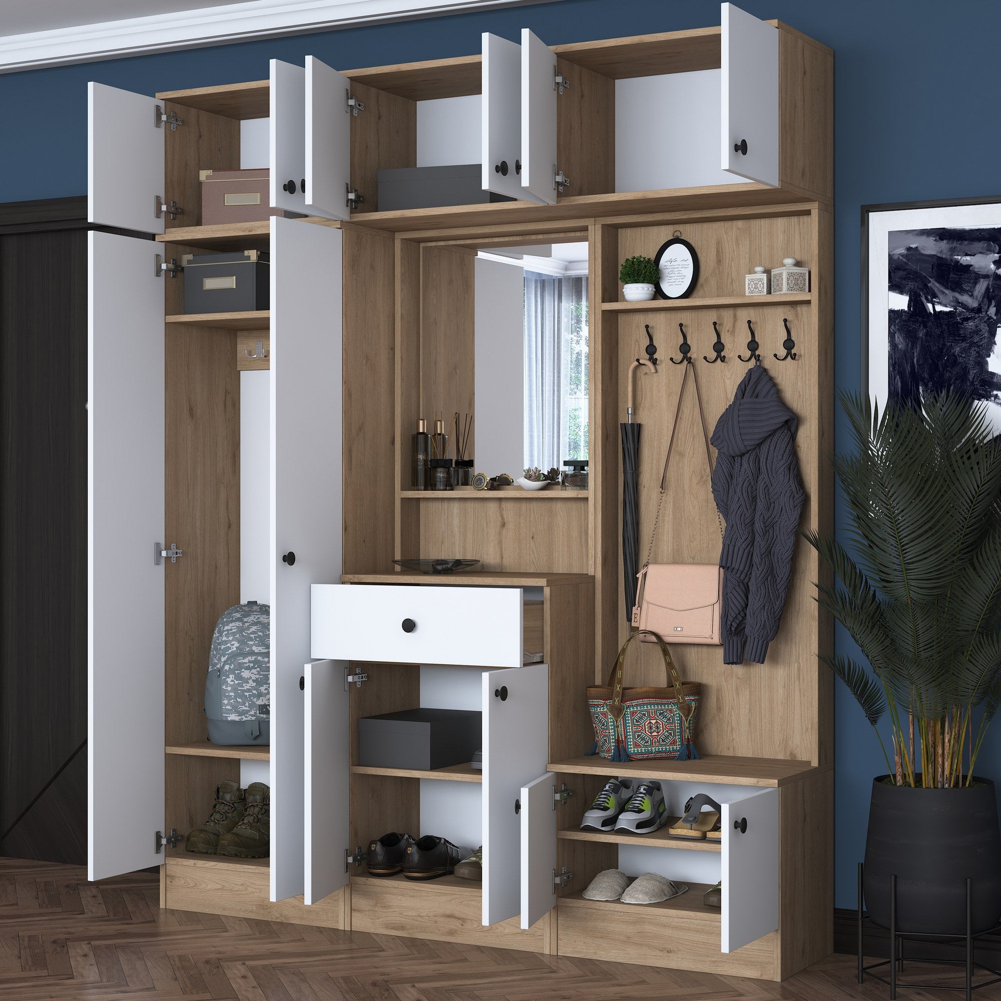 Estante de hall – 179,4 x 226,4 x 37,5 cm – Branco e nogueira – Aglomerado