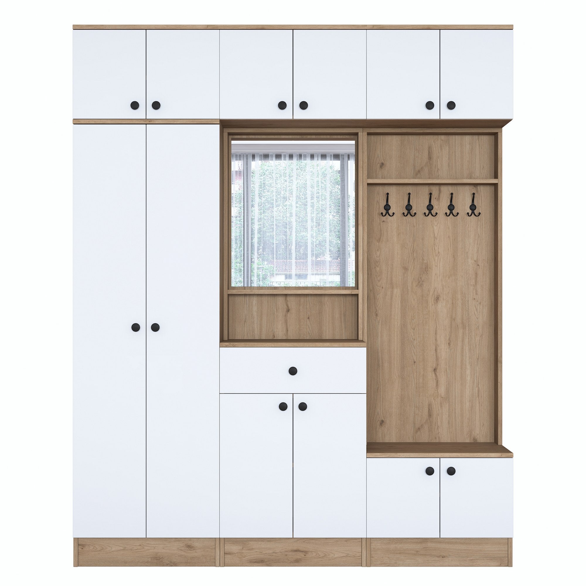 Estante de hall – 179,4 x 226,4 x 37,5 cm – Branco e nogueira – Aglomerado