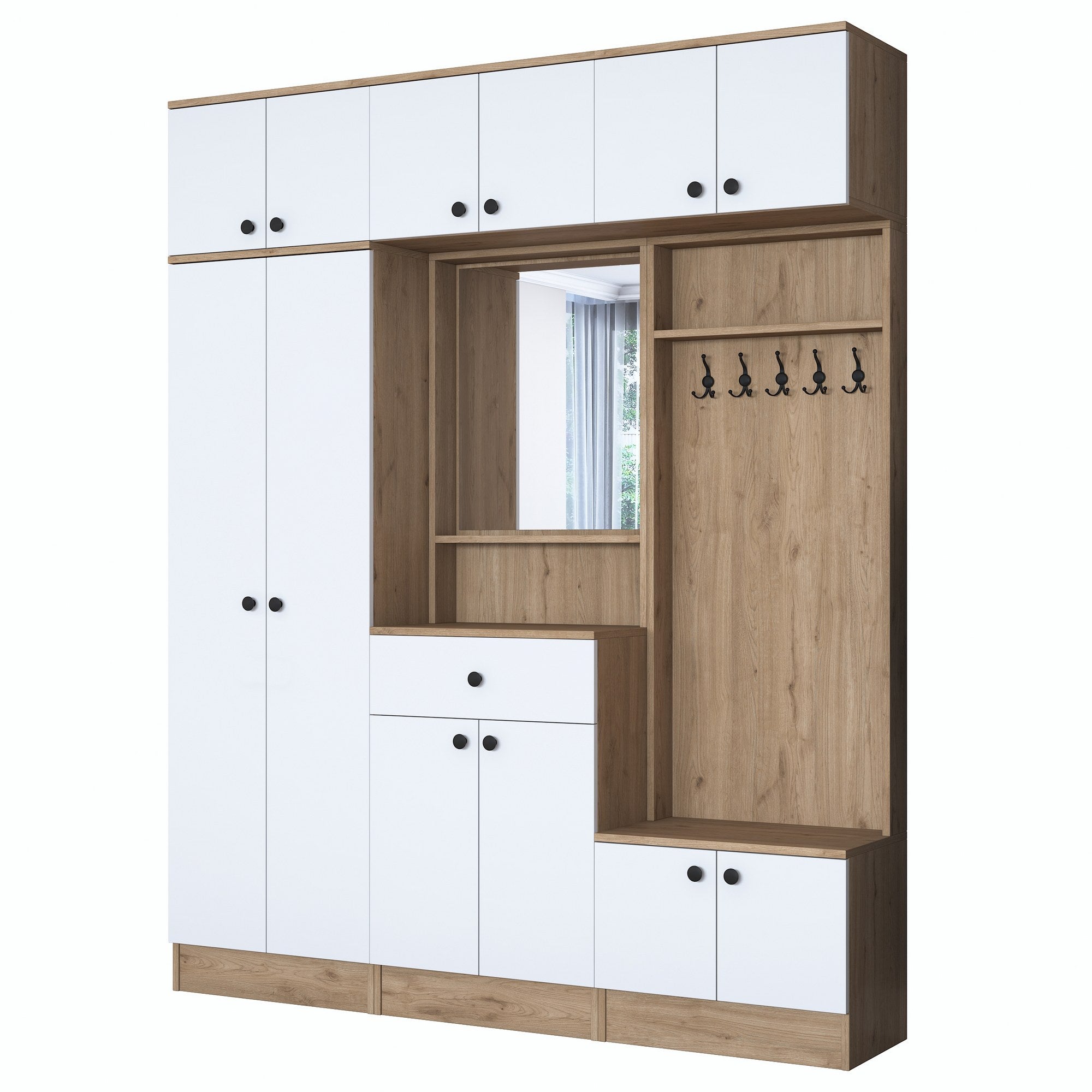 Estante de hall – 179,4 x 226,4 x 37,5 cm – Branco e nogueira – Aglomerado