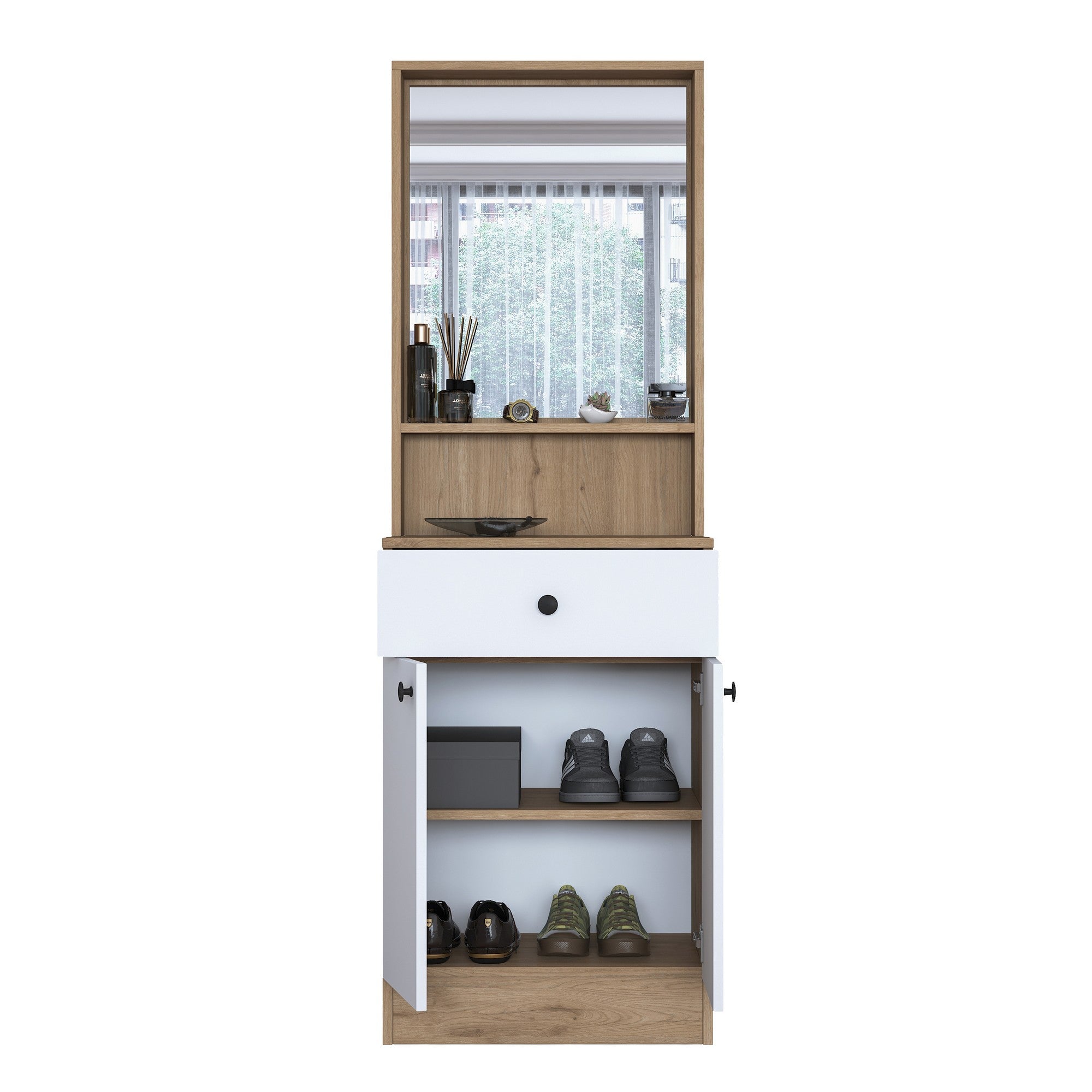 Aparador de hall – 60 x 182,8 x 35,5 cm – Nogueira e Branco – Aglomerado E1