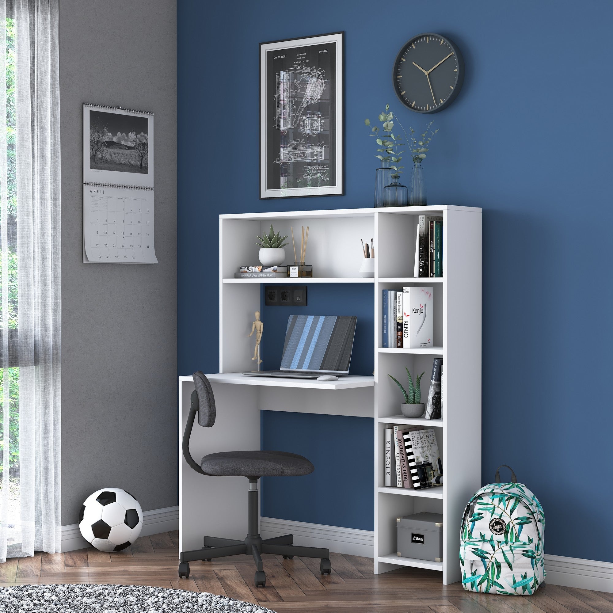 Secretária de Estudo Escandinava com Estante – 113,2 x 141,8 x 40 cm – Branca – Painel de Partículas