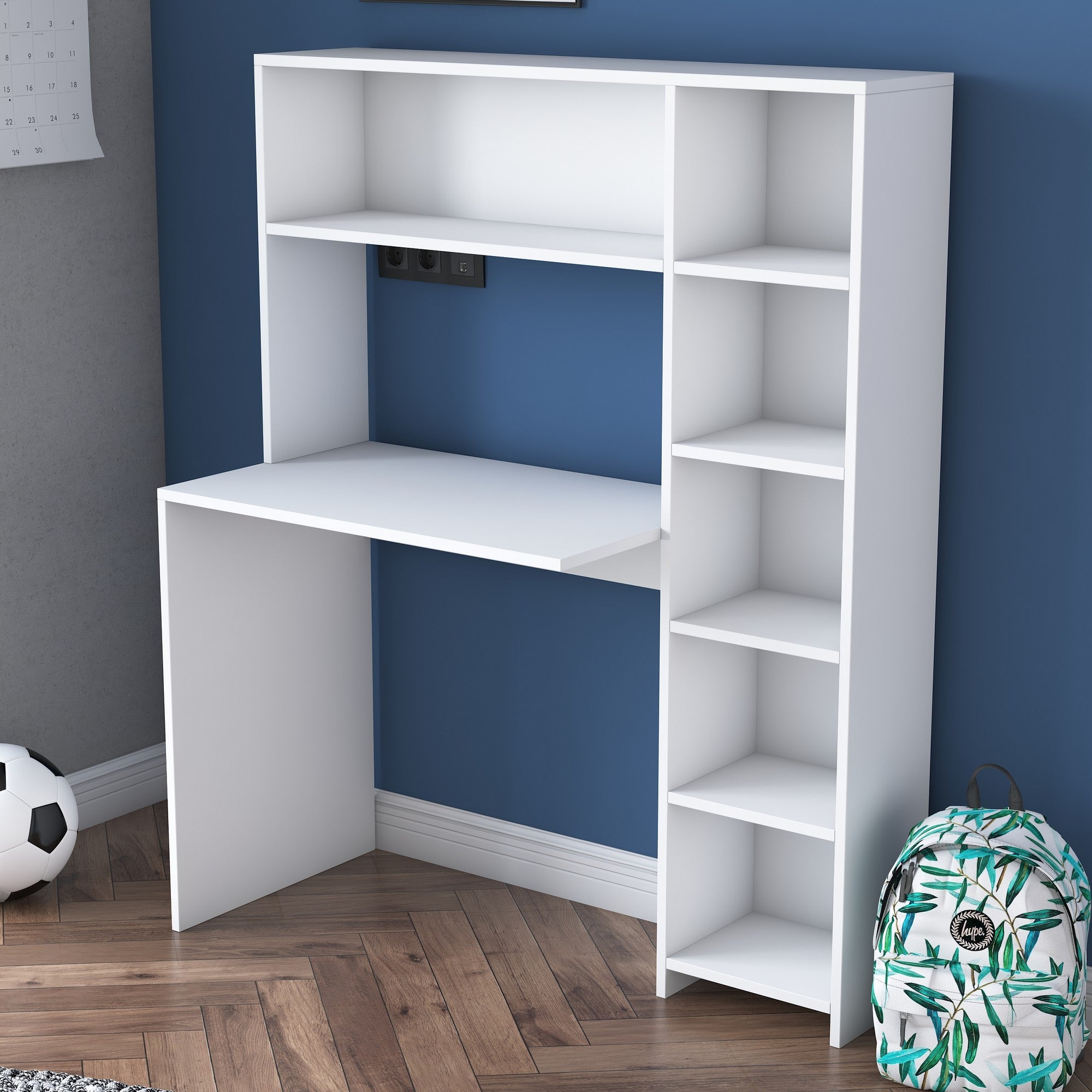 Secretária de Estudo Escandinava com Estante – 113,2 x 141,8 x 40 cm – Branca – Painel de Partículas