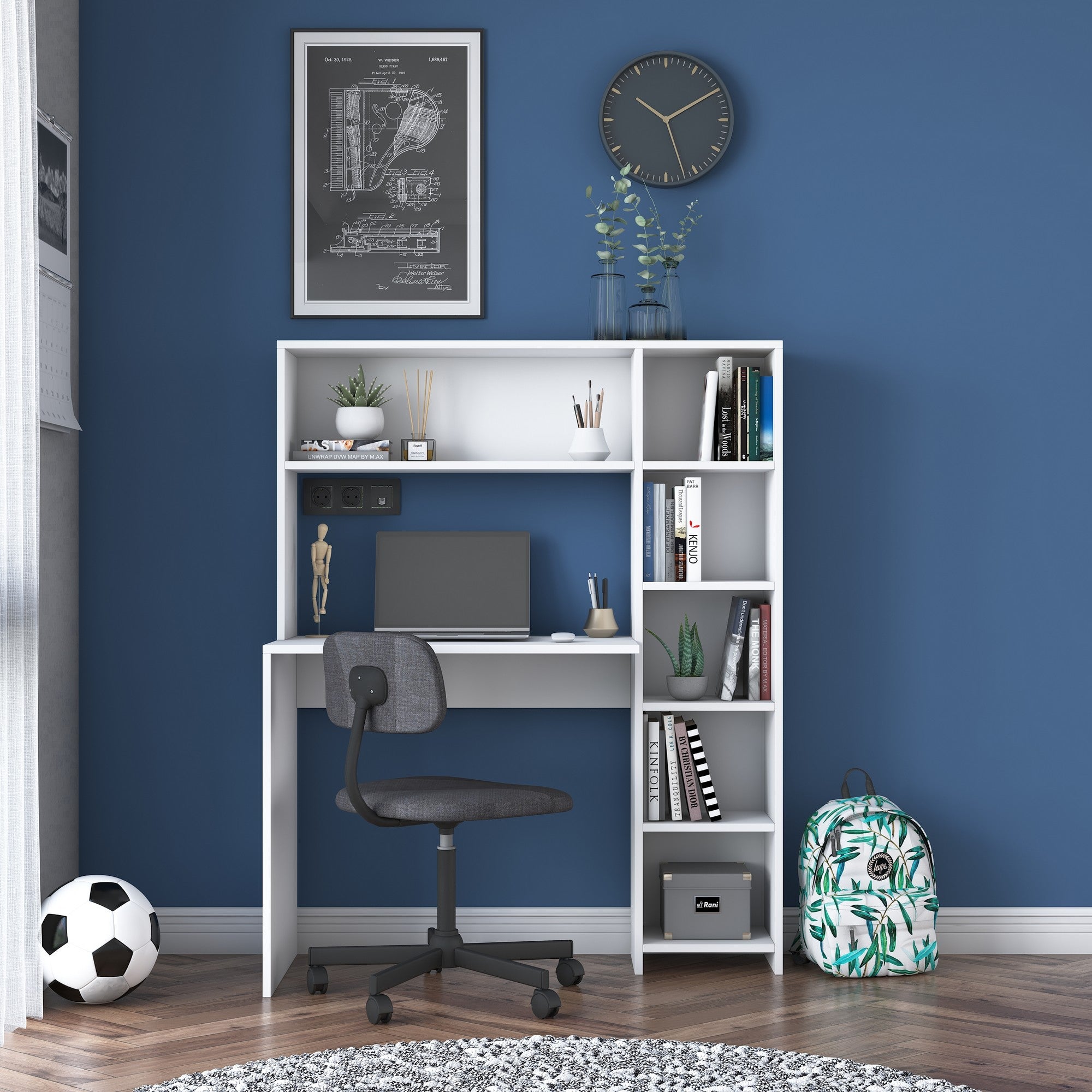 Secretária de Estudo Escandinava com Estante – 113,2 x 141,8 x 40 cm – Branca – Painel de Partículas